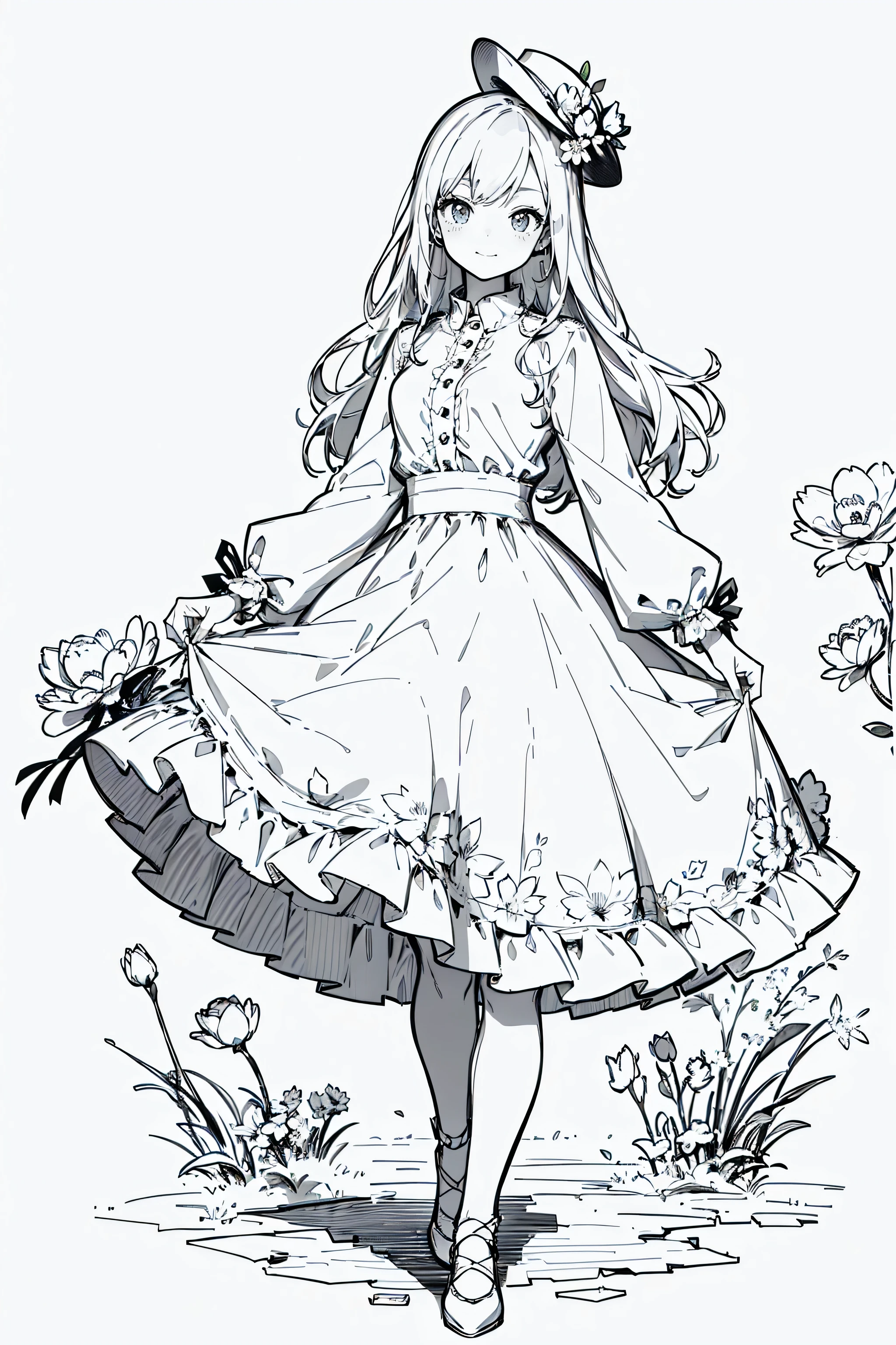 line art , Line Art、Black and White、Gray Hair、 White Outfit 、Simple lines、masterpiece, top quality,1. sketch, ((1. Line Art)), ( pencil drawing), Barbie Happy Girl with a bunch of flowers, alone, long hair,, smile, fringe , skirt, shirt, Long Sleeve, Sombrero, dress, closed his mouth, flower, flower, flower, Holding a bunch of flowers, flower, line art ,((sketch)), white background, Draw a line,simple background, high definition,