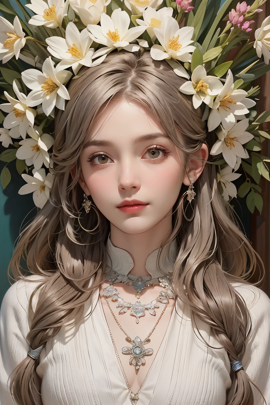 (detailed oil painting of a beautiful woman), rough touch, (small smile with calm, kind and bright expression), ((silver grey brown almost straight medium long hair!)), ((close up)), shiny skin, glossy lips, ((casual pastel spring outfit)), (spring sweater), (smart figure), small necklace, soft spring sunlight, small spring flowers of various colors, young leaves on the tree, striking portrait, use of contour, clean line drawing, fine and intricate details, bright primary colors used partially as accents, fine and intricate details, (Alphonse Mucha composition style), muted colors, impressionist style, Art Nouveau frame, stress-free mixed media masterpiece,