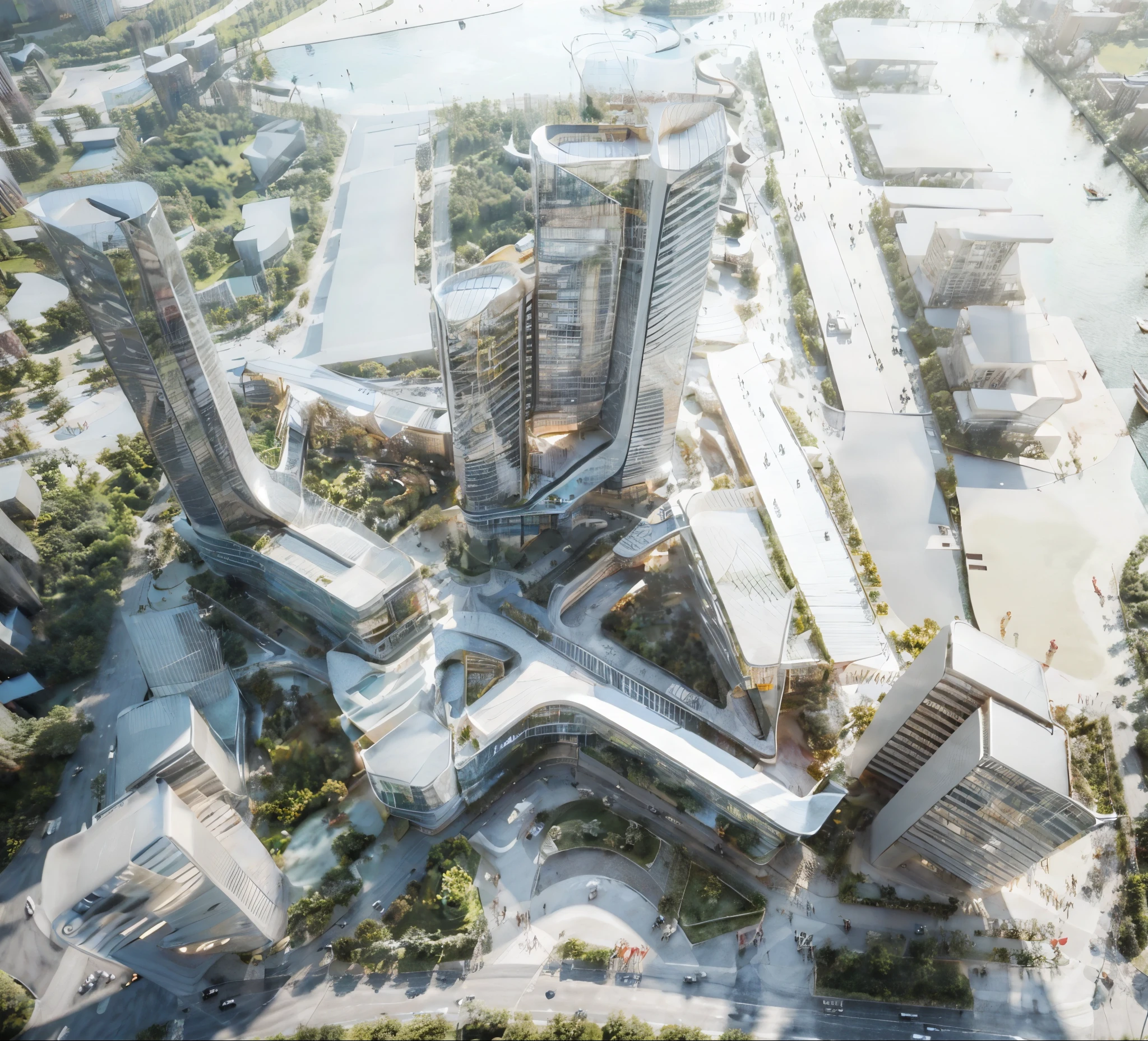 High-angle, architectural rendering of a futuristic city model. Multiple, tall, slender, white skyscrapers with evenly spaced horizontal bands are arranged in a complex, interconnected pattern. Interconnecting pathways and plazas are featured. Small, stylized patches of muted green foliage are visible within the spaces between the buildings and pathways, creating a sense of urban landscaping. The color palette is primarily comprised of various shades of white, with subtle, light greenish-gray accents for the foliage. The lighting suggests an overcast or diffused light source, casting soft shadows and creating a neutral, serene atmosphere. The composition is meticulously detailed, showcasing intricate design elements and conveying a sense of advanced urban planning. The perspective is a bird's-eye view, emphasizing the layout and interconnectivity of the structures. The texture of the buildings suggests a smooth, modern material. The style is contemporary and minimalist, with a focus on geometric forms and spatial relationships. The overall mood is serene, clean, and futuristic, projecting an image of innovation and sophisticated design. Architectural model style, clean lines.