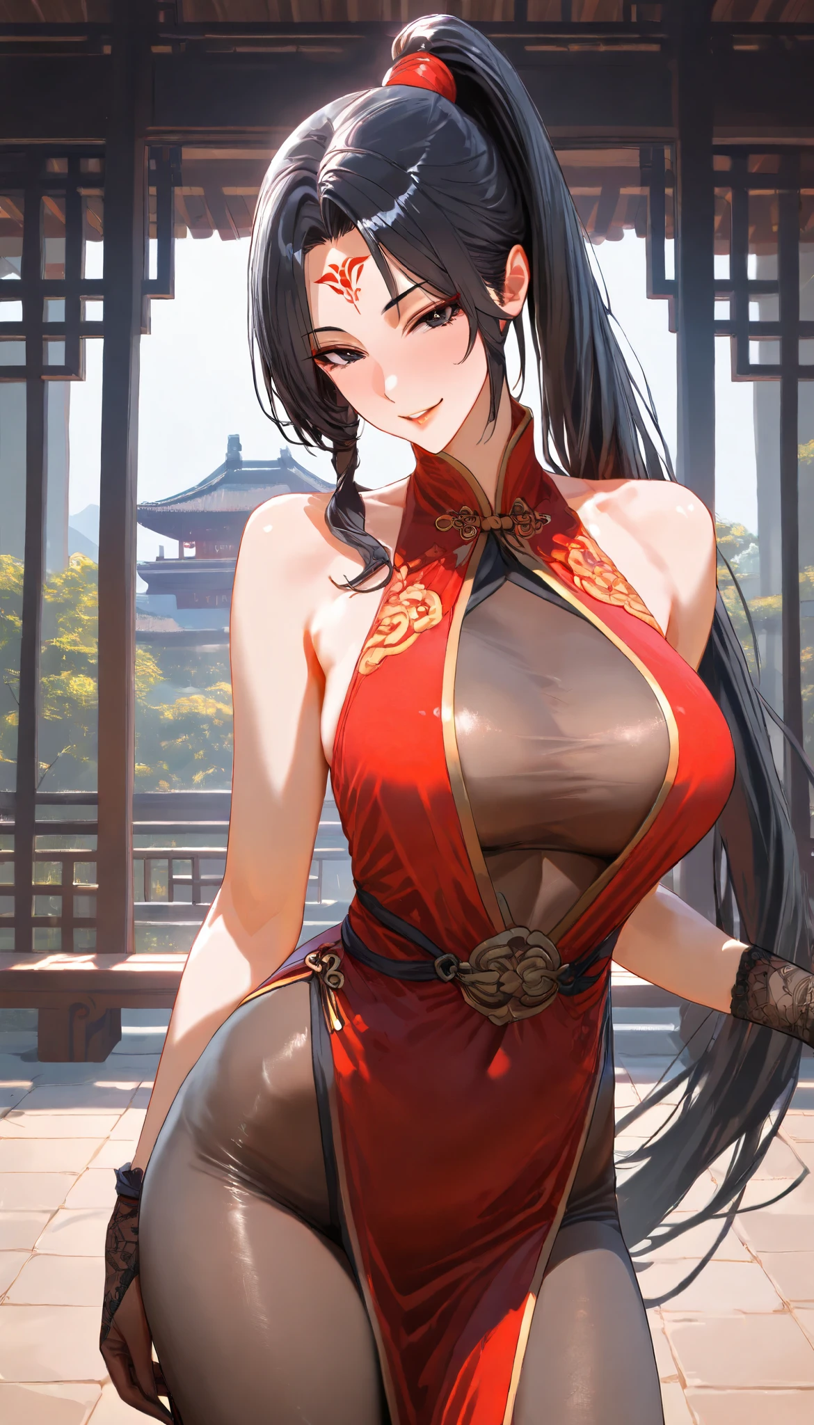 SOLO, A Female, Perfect body, (Chinese long hair,Black Hair,Single ponytail),(Black eyes),Red Forehead tattoo, Wearing A Red Taoist Robe (Cheongsam style),Wearing Fur Vest, Black pantyhose, Black long silk gloves, In the Chinese classical garden, Outdoor,Naughty face,UHD, anatomically correct, masterpiece, textured skin, high details, highres, 1080P, 16k, accurate, Beautiful face, Perfect face, Highly detailed beautiful face and eyes, Attractive face, Detailed face, Delicate facial features, Detailed skin,Cowboy shot,Look at the view,(((hbig bosom)))