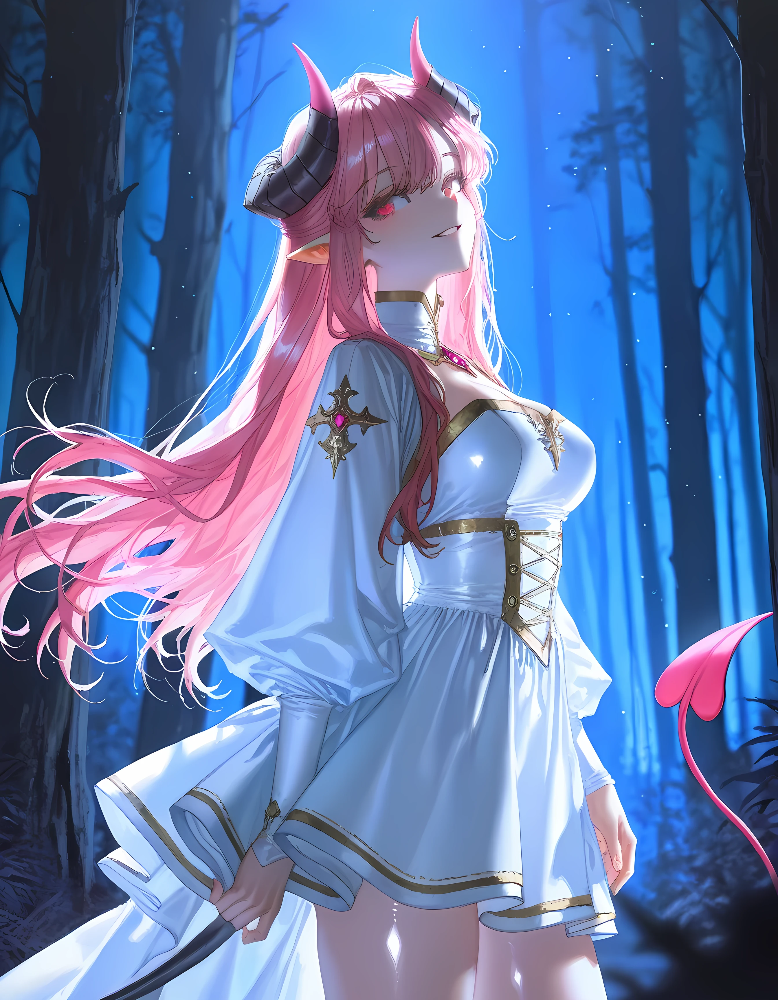 (artist:quasarcake:1.1),(artist:reoen:0.826446),(artist:rhasta:0.9),(artist:wlop:0.7),(hiten \(hitenkei\):0.6), blurry foreground,ray tracing,absurdres, 1girl,solo,adult, young woman, female, long hair, pink hair, bangs, pink eyes, perfect eyes, detailed eyes,parted lips, loving smile, loving facial expression, shiny skin,medium breasts,thighs,legs, white dress, thin dress, saintess dress, succubus horns, pink succubus tail, succubus, fantasy church priestess, medieval world,night time,outside, standing up, looking up into viewer, forest,beautiful lighting,beautiful shadows, perfect anatomy,perfect body, dark atmosphere, lights particles,dusty air ,masterpiece,best quality,amazing quality, close-up view, side view, body turned