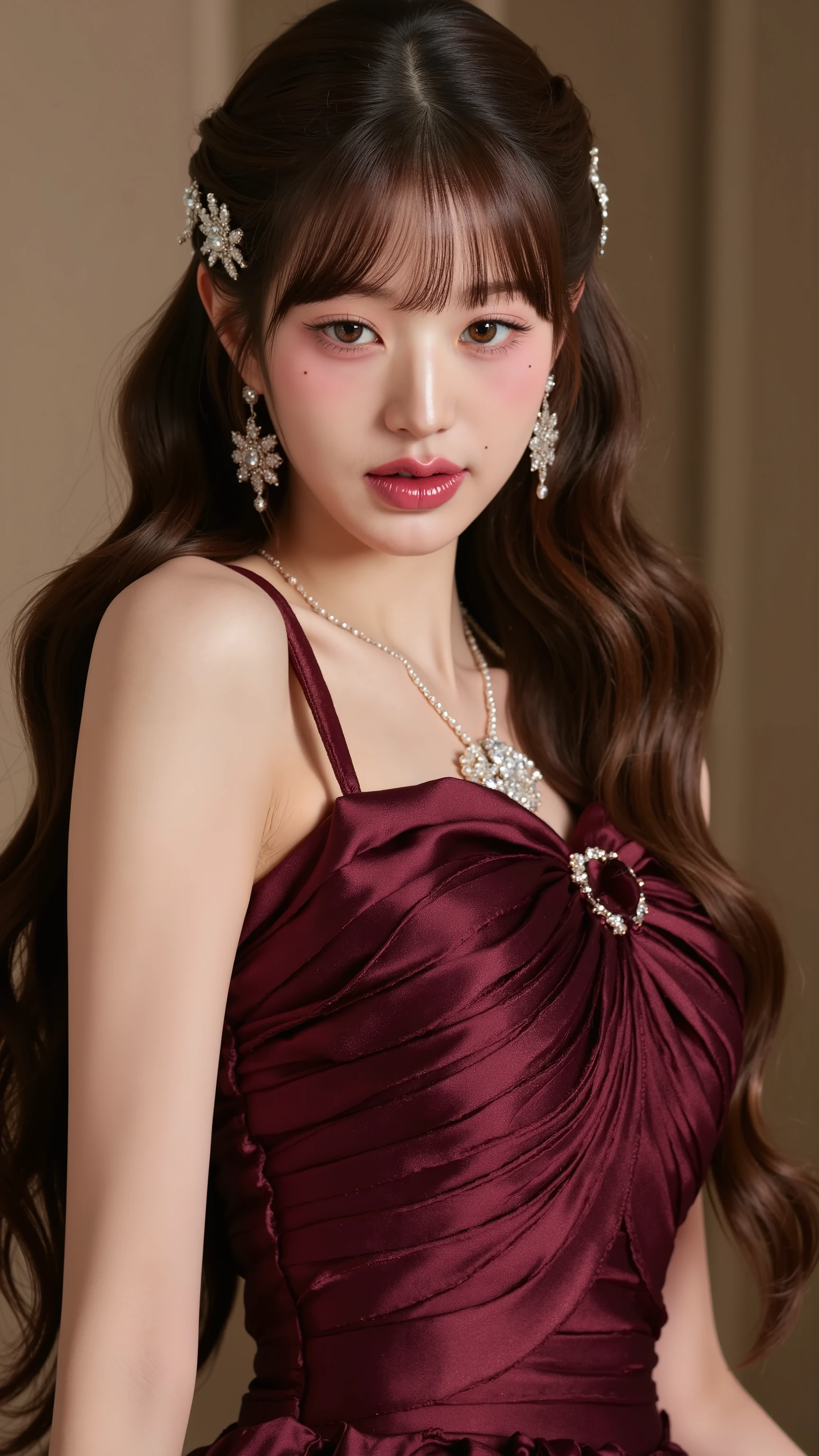 8K, super detail, ultra-detailed, be shy、Photorealistic, hight resolution,    Realistic shot of a body portrait of a 24-year-old young German flower girl with long hair, diadem, single flower in hair , Necklace, smile.     She bends playfully in front of the camera in a shiny    , Metallic burgundy satin A-line dress with strap       ..., Wedding celebration,glamour fotoshooting, beautiful female hourglass figure   , Wedding celebration,     perfect anatomy   ]]],     Perfect brown eyes    .     Perfect hands with 5 fingers on each hand    ,     1 matching young woman with blonde hair in a dark burgundy silk A-line dress  , ,    looks at the camera  . (Eye make-up:1.1), (   highly detailed skin   :1.1), spirit, analog style,    strong concentration  , 8K  UHD, dslr,     good quality   , Fujifilm XT3, Grain,  award-winning ,    masterpiece   .       The young woman bends over the banquet table to the camera and presents her beauty     . Portrait photo of a love moment
Charming and、Charming and、dream-like、Royal cloak、((thick bangs))、