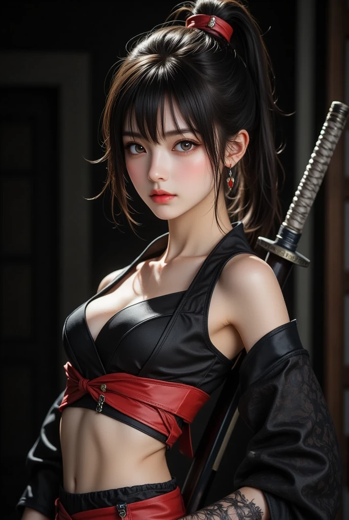 8K Ultra HD, Digital SLR,Film Grain, Fujifilm XT3,(highest quality:1.3), (masterpiece:1.1), High resolution, Cinematic Light, Intricate details, (Realistic) (Night view) Realistic backlight、Dramatic reddish light、Beautiful Japanese Geisha full body photo, ((Facial texture Pore details)), Grin、Devilish smile, Simple messy hairstyle, She wears a black satin kimono decorated with traditional dragon motifs.., Open shoulders, Colorful dragon tattoos all over the body,(( 1mHolds a long-bladed Japanese sword)), Inside a traditional villa, 8k, Front blur