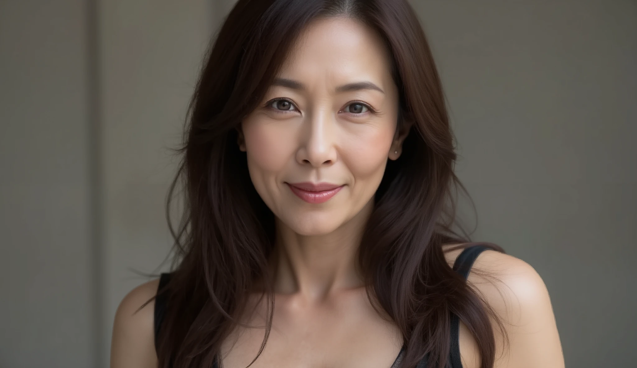 mature women, ( detailed description of the hair), ( face ), (Detailed Body Description), high image quality , masterpiece, top quality , high detail , formal: 1.4), ( realistic : 1.2, 超 realistic な: 1.1, realistic: 1.37), ( sharp concentration : 1.4), depth of field, physically-based rendering , , unrivaled beauty , (ultimate beauty), (48 years old,: 1.4), Japanese、Fine lines:1.2、((Black and White Photography:1.5)),Alone, smile, long hair, long hair,