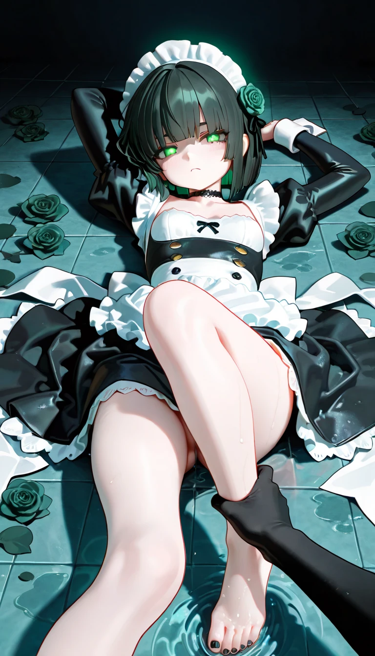 1 girl, cute, young, green hair, bob haircut, green eyes, gothic ta, thigh high, {{{{{{{{excessive cum}}}}}}}}, bukkake,