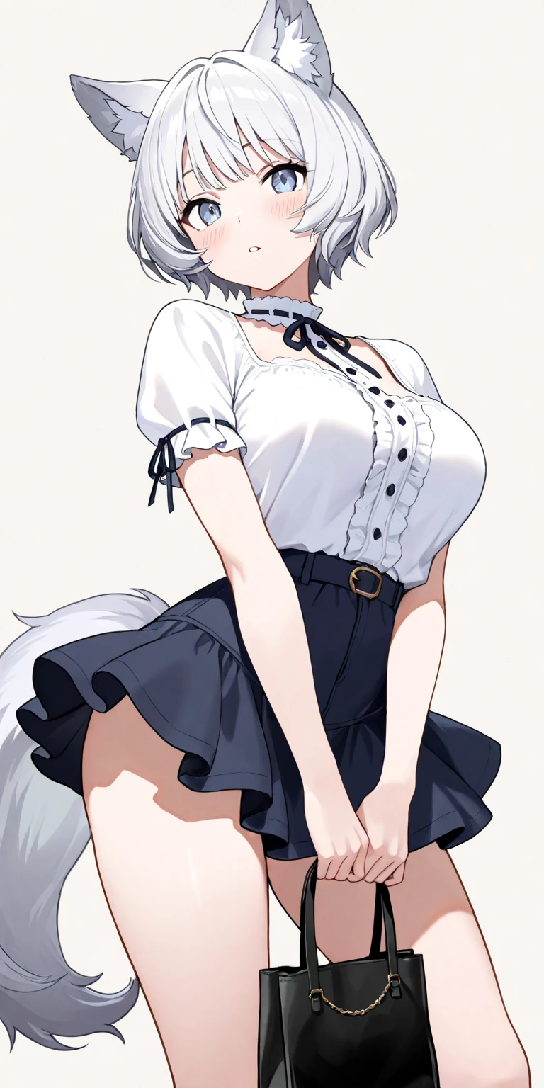 best quality, masterpiece, highres, solo, {hamakaze_kantaicollection:1.15}, blue_eyes, short_hair, grey_hair, hairclip, hair_ornament, hair_over_one_eye, breasts, large_breasts, blush, serafuku, 1girl, animal_ears, bare_shoulders, fake_animal_ears, looking_at_viewer, playboy_bunny, rabbit_ears, pantyhose, black_pantyhose, bow, bowtie, cleavage, detached_collar, wrist_cuffs, alternate_costume, simple_background, white_background, black_leotard, eyes_visible_through_hair, leotard, rabbit_tail, tail