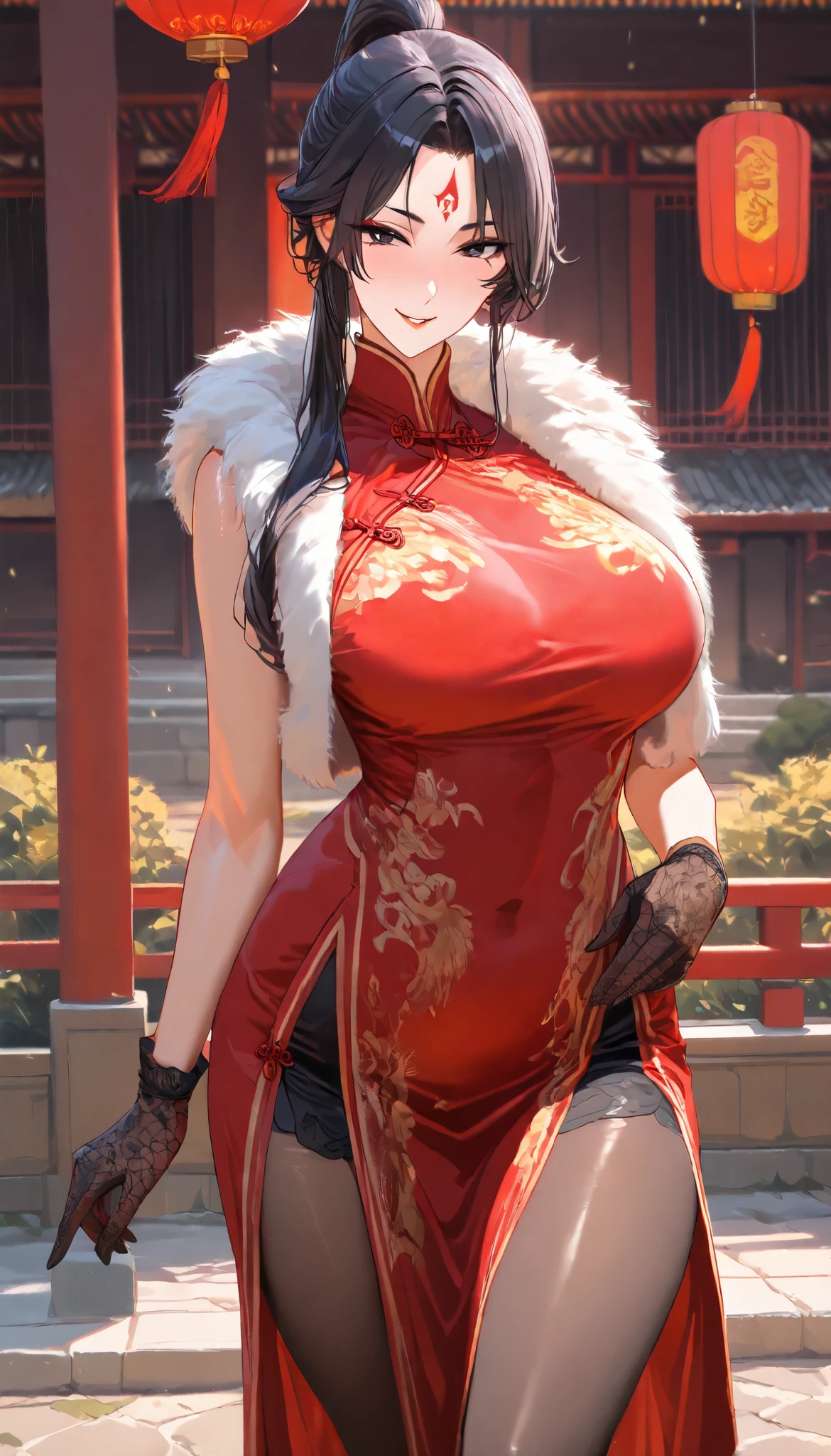 SOLO, A Female, Perfect body, (Chinese long hair,Black Hair,Single ponytail),(Black eyes),Red Forehead tattoo, Wearing A Red Taoist Robe (Cheongsam style),(Wearing Fur Vest), Black pantyhose, Black long silk gloves, In the Chinese classical garden, Outdoor,Naughty face,UHD, anatomically correct, masterpiece, textured skin, high details, highres, 1080P, 16k, accurate, Beautiful face, Perfect face, Highly detailed beautiful face and eyes, Attractive face, Detailed face, Delicate facial features, Detailed skin,Cowboy shot,Look at the view,(((hbig bosom)))