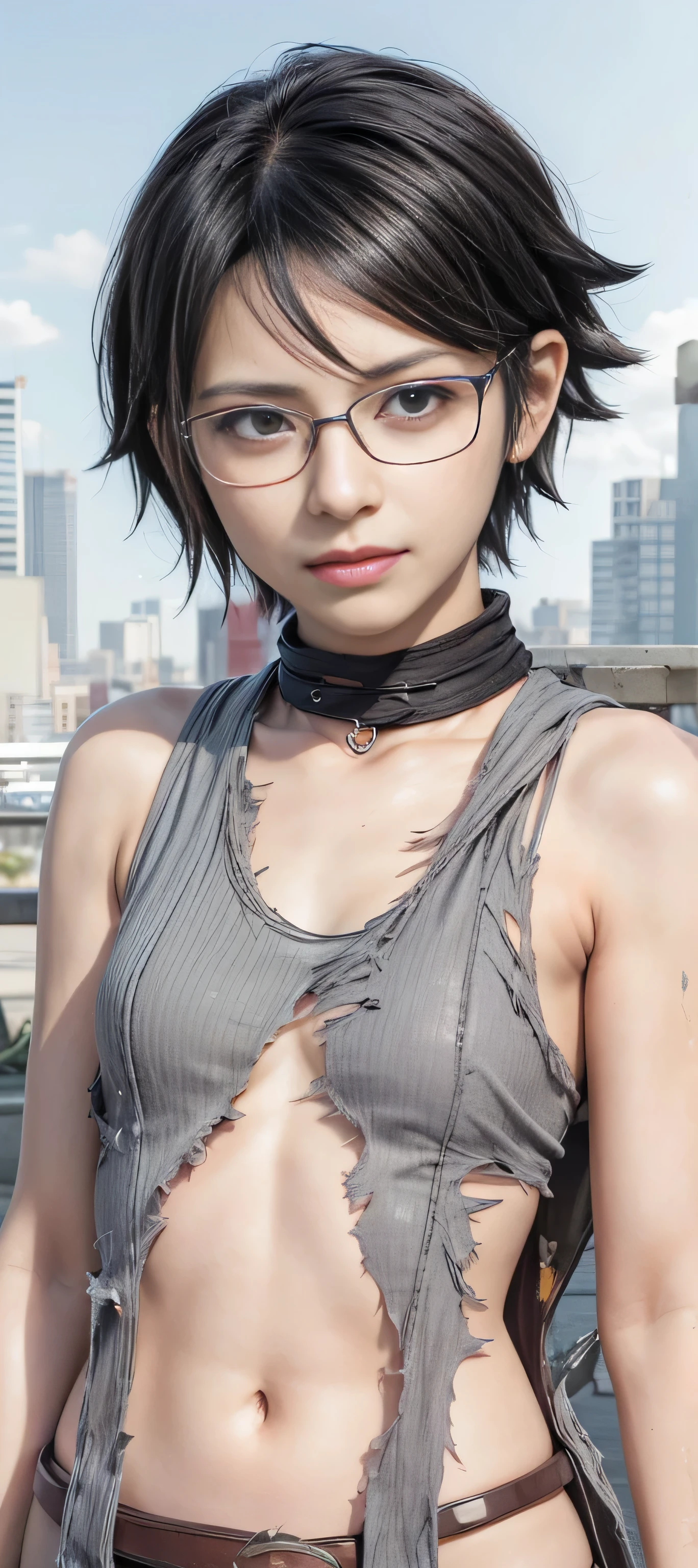 masterpiece, best quality, (realistic,photo-realistic:1.4), (RAW photo:1.2), extremely detailed CG unity 8k wallpaper, delicate and beautiful, amazing,finely detail, official art, absurdres, incredibly absurdres, huge filesize, ultra-detailed,extremely detailed eyes and face,light on face,sarada,(smirk:1.4),(black hair:1.4),(short hair:1.5),nature,sarada uchiha,(wearing black framed glasses:1.5),city background,(wearing final fantasy outfit:1.5),(brown belt:1.5),(torn clothes:1.5),chained neck