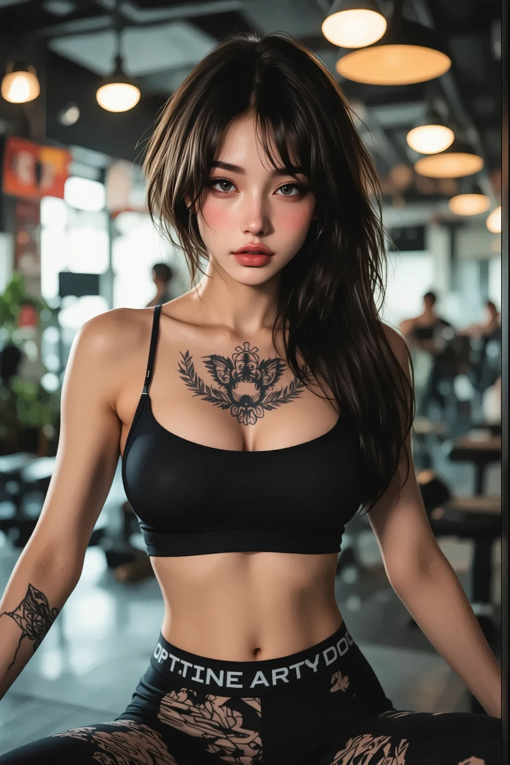 (night, Soft lighting, Highest quality, 8K, masterpiece, RAW Photos: 1.3) close-up portrait of young girl with tattoo arms and top, ((tattoo young girl, ink, tattoo, tattoo body)), female model, short camisole and short skirt pants streetwear, Half naked, Half naked, Disheveled clothing, tattoo, Wearing a sexy crop top, Sexy girl in shorts, Tight waist, beautiful abdomen, ever small midriff, Very detailed, Intricate details, Very detailed face and skin, Under boob, The body is slim, Fine grain, Realistic, compensate, intellectual, Fascinating, Beautiful standing posture, small, indoor, Invincible Smile