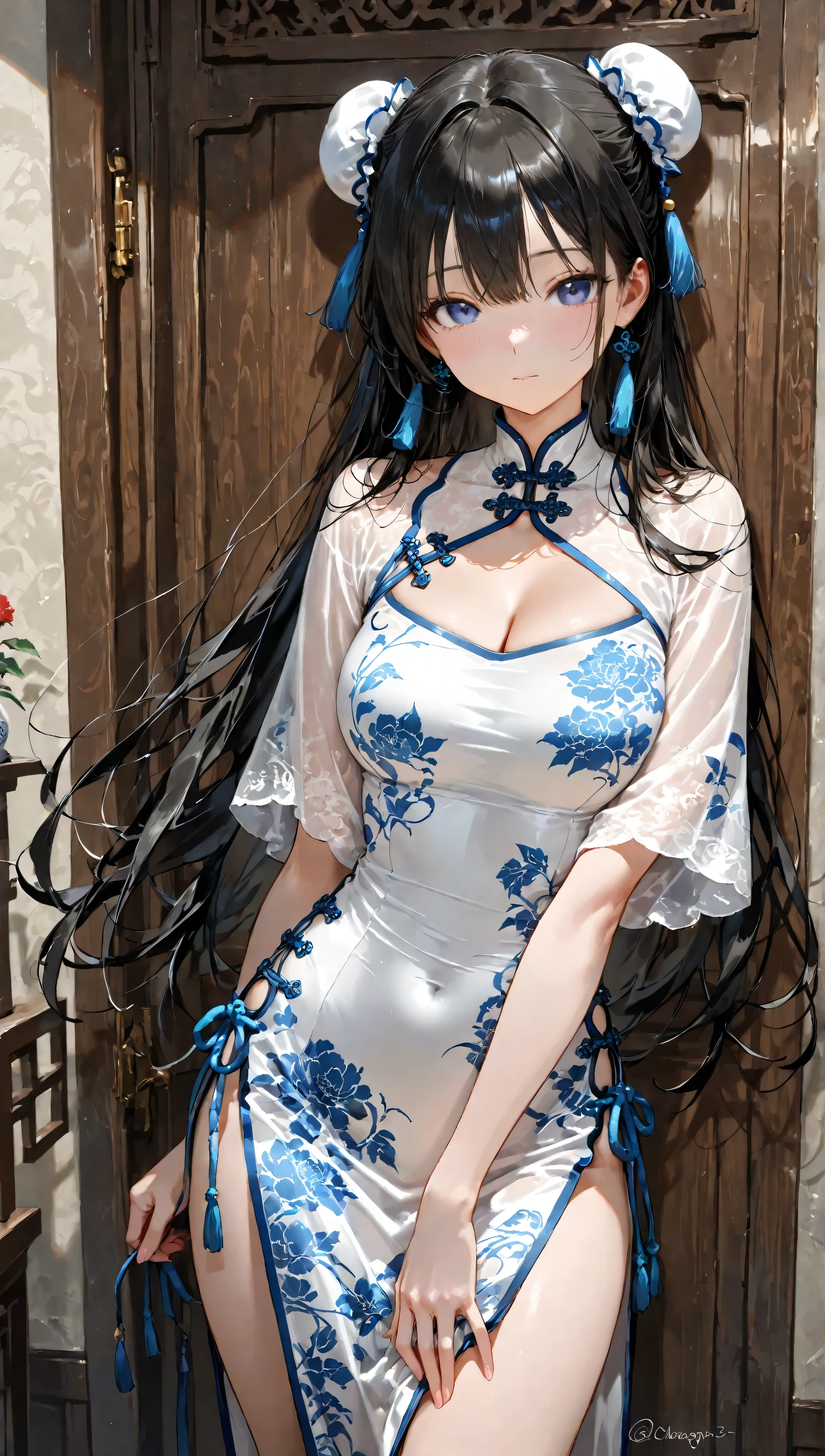 Blue and white porcelain cheongsam, (detailed eyes), (detailed fingers)