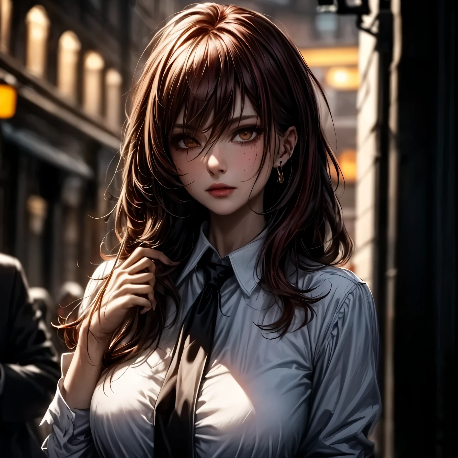 ((best quality)), ((Masterpiece)), ((Enrich the picture,Masterpiece level quality)), red hair, curtainbangs, very big breasts, golden eyes, fierce woman, mafia boss, eyes details, best quality, street fashion, RAW 4K, Realistically, ( cinematic lighting, moody, textile shading), perfect proportions, ultra detailed, volumetric lighting, soft lighting, glossy skin, beautiful face, Special face details, strong emotions, elegant gesture, Detailed facial features, Long eyelashes, contrast, great details, Incredible atmosphere, Fascinating setting, Haunting beauty , sexy mini white shirt, mafia suit, necktie, mini black skirt, luxury bar,