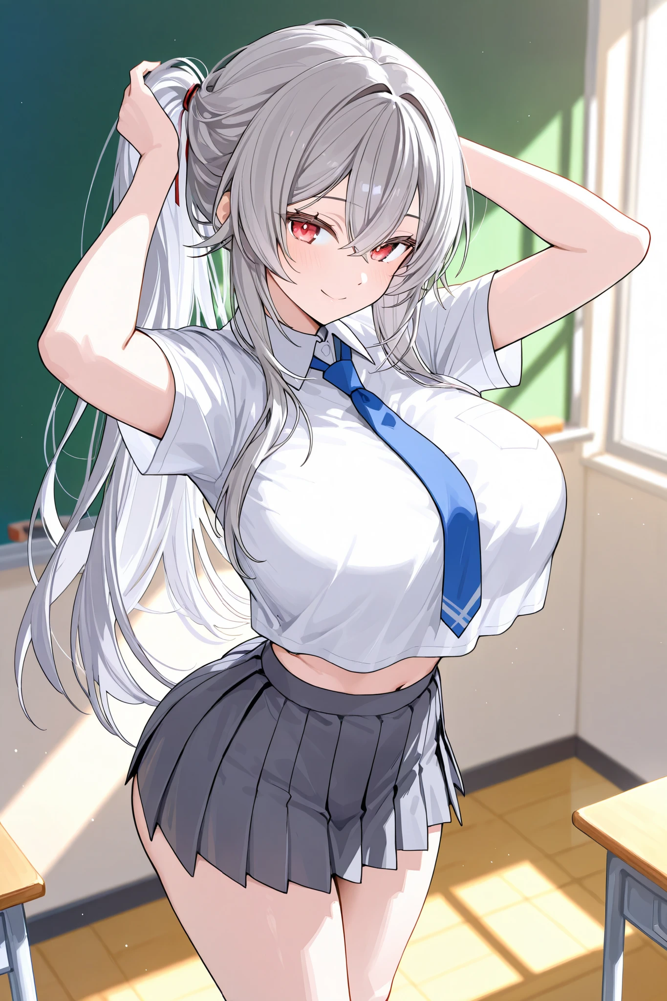 1girl , Fit girl score_9 , score_8 ,score _7up ,score _6 up uncesored , 1 girl , long hair , long hair gray , red eyes , gray hair , shirt , shirt , hair between eyes , huge breasts , huge ass , salior outfir , school uniform shows belly , skirt , Tie , , smile , close mouth , Tying up hair tie, background in classroom, standing ,crop clotches , she is , you can see the foot, she is thin , stand facing me