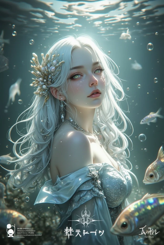Unbeatable masterpiece, Ultra photo realsisim, Perfect artwork, Intricate details, Best quality, Strong light , High contrast, Dynamic pose, Dutch angle , Gothic style (Masterpiece:1.4) , (best qualtiy:1.2) , (超高分辨率:1.2) ,(illustration:1.2) , (Ultra-detailed:1.2)(Realistic:0.4) , (extremely detailed background:1.1) , 1girll , White hair , bluntbangs , Floating hair , Medium breasts .Heterochromia , parted lip , White dress ,Embroidery , Wet , (Satin_mitts:1.2) .mysterious background , Exudes an ethereal glow , Mystical Artifacts , Mysterious light source , Underwater , (an underwater city) , cathedrals , Dark , mysterious , Haunted drama , opulent , Detailed