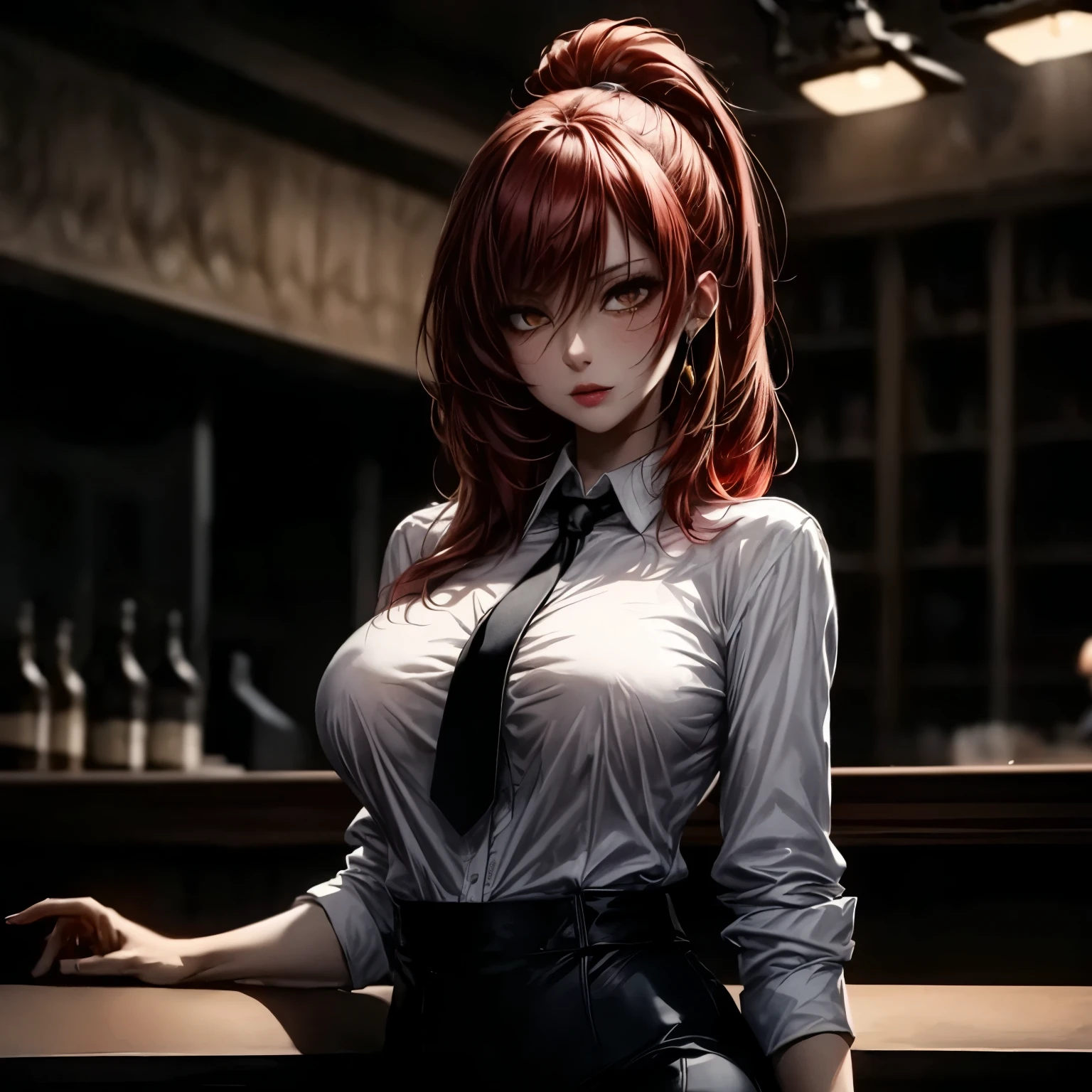 ((best quality)), ((Masterpiece)), ((Enrich the picture,Masterpiece level quality)), red hair, high ponytail, very big breasts, golden eyes, fierce woman, mafia boss, eyes details, best quality, street fashion, RAW 4K, Realistically, ( cinematic lighting, moody, textile shading), perfect proportions, ultra detailed, volumetric lighting, soft lighting, glossy skin, beautiful face, Special face details, strong emotions, elegant gesture, Detailed facial features, Long eyelashes, contrast, great details, Incredible atmosphere, Fascinating setting, Haunting beauty , sexy mini white shirt, mafia suit, necktie, mini black skirt, luxury bar,
