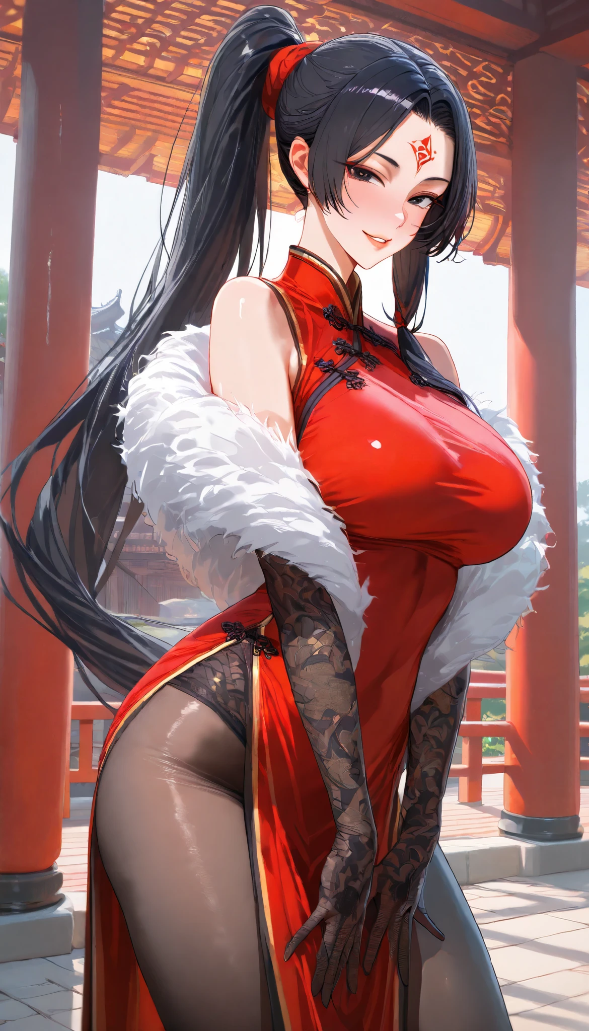 SOLO, A Female, Perfect body, (Chinese long hair,Black Hair,Single ponytail),(Black eyes),Red Forehead tattoo, Wearing A Red Taoist Robe (Cheongsam style),(Wearing Fur Vest), Black pantyhose, Black long silk gloves, In the Chinese classical garden, Outdoor,Naughty face,UHD, anatomically correct, masterpiece, textured skin, high details, highres, 1080P, 16k, accurate, Beautiful face, Perfect face, Highly detailed beautiful face and eyes, Attractive face, Detailed face, Delicate facial features, Detailed skin,Cowboy shot,Look at the view,(((hbig bosom)))