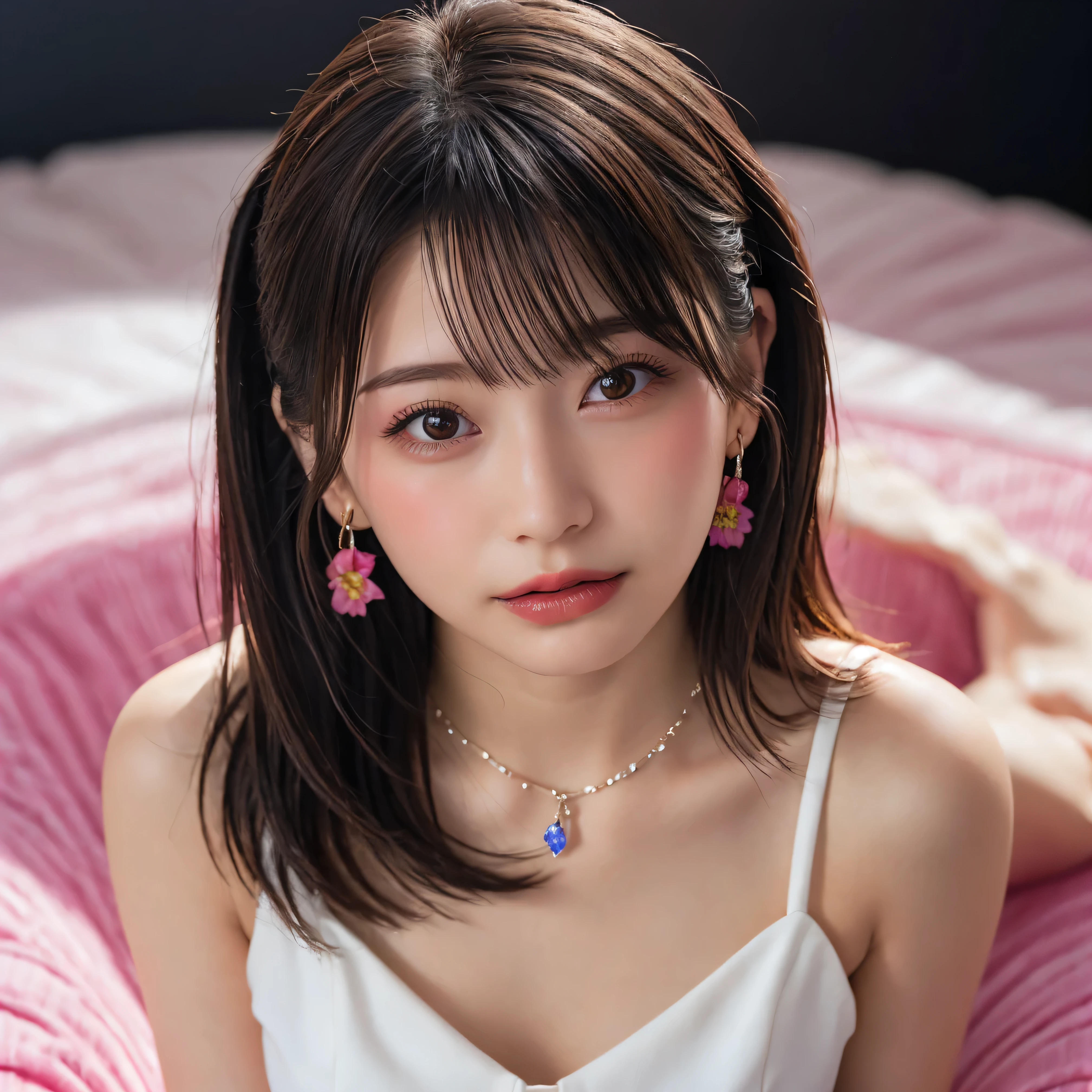 top quality, (beautiful)、blonde hair、and look at the camera、upper body、close-up、(Big Breasts 1:2)、(accentuate the chest) shot from above、EXQUISITE PORTRAIT、 HDR、UHD、Studio Lighting、EXTREMELY DETAIL、professional、vivid colors、 bokeh effects 、natural light、Soft Vibes、Elegant look (Beautiful Japanese beauty 19 years old) (short cut ponytail) sexy eyes sexy lips, small mouth Sexy Nose Seductive Eyes Seductive Mouth Orange lipstick,earrings,necklaces,(floral dress 1:4) Natural Makeup Home background Angle from Above upper bodyズームアップ stares at viewers Lying face down colorful nail polish