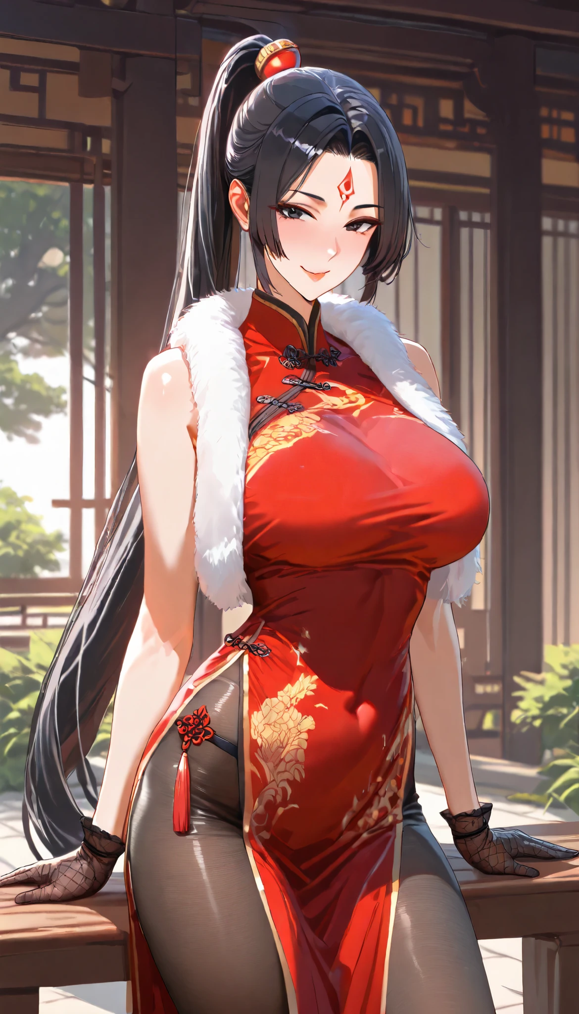 SOLO, A Female, Perfect body, (Chinese long hair,Black Hair,Single ponytail),(Black eyes),Red Forehead tattoo, Wearing A Red Taoist Robe (Cheongsam style),(Wearing Fur Vest), Black pantyhose, Black long silk gloves, In the Chinese classical garden, Outdoor,Naughty face,UHD, anatomically correct, masterpiece, textured skin, high details, highres, 1080P, 16k, accurate, Beautiful face, Perfect face, Highly detailed beautiful face and eyes, Attractive face, Detailed face, Delicate facial features, Detailed skin,Cowboy shot,Look at the view,(((hbig bosom)))