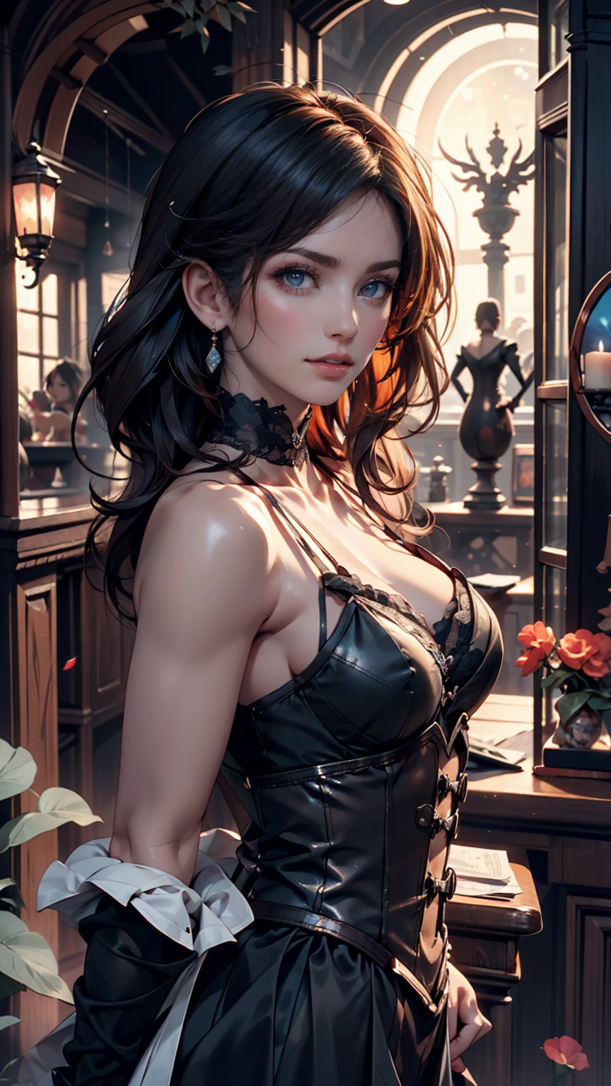(best quality,4k,8k,highres,masterpiece:1.2),ultra-detailed,(realistic,photorealistic,photo-realistic:1.37),HDR,UHD, ((sabrina)), gnome, short stature, serious face, character, studio lighting,ultra-fine painting,sharp focus,physically-based rendering,extreme detail description,professional,(lavender hair), (gigantic breasts), short hair, rogue ((fantasy black leather armor)), long claws 1.8, long nails 1.7, frlgsabrina, (blunt bangs), vivid colors,bokeh,portraits,soft colors,warm lighting,glowing skin,delicate features,devil Horns,expressive eyes,sensual lips,flawless complexion, fantasy, theif, rogue, fighter, subtle makeup,feminine posture,ethereal atmosphere,dreamy summer vibes,golden hour lighting,gentle breeze,warm sunlight,playful smile,graceful movement,seamless integration between subject and background,subtle texture,filmic aesthetic,elaborate hairstyles,graceful gestures,curve-hugging outfit,vibrant color palette,soft focus,romantic ambiance,inside chambers,stone architecture,beautifully adorned columns,timeless setting.