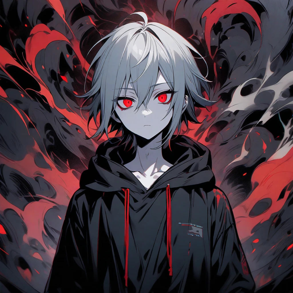 good looking, alone, 1 male, White hair with smoky grey tips, Red eyes, Black Shirt, Black and white hooded, smoking, night, Black light,Wide eyes