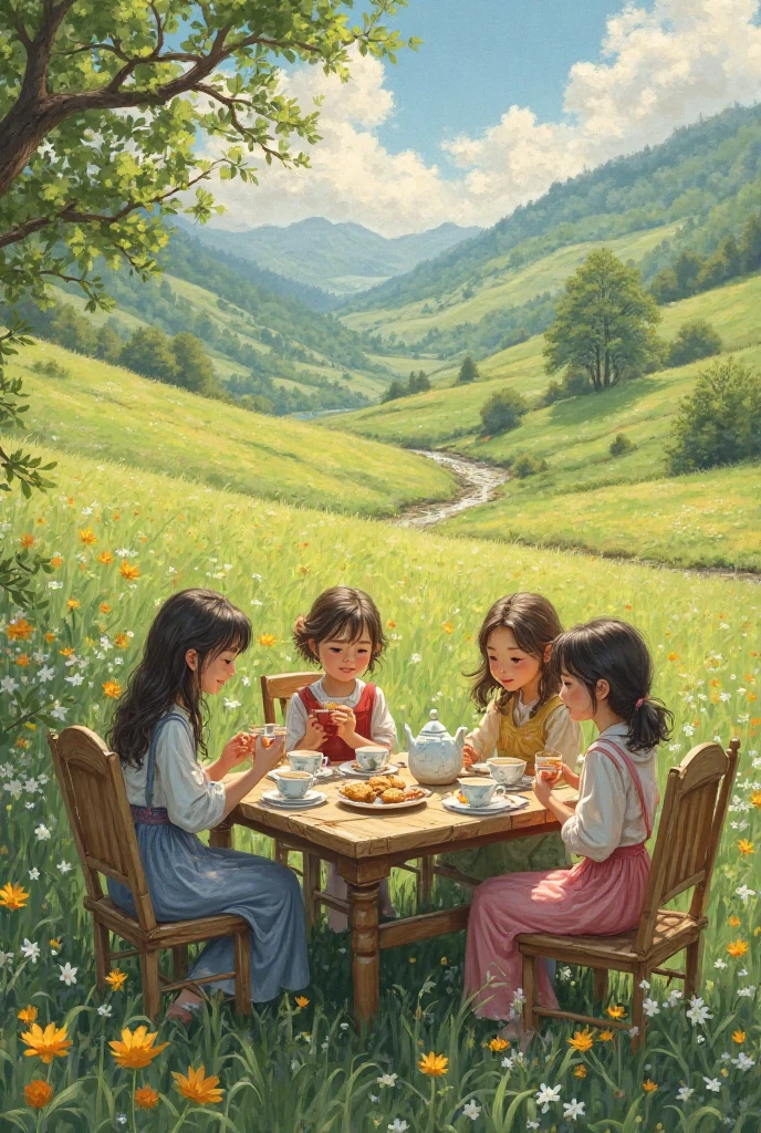 A lovely folk art representation depicting a little girl playing afternoon tea. The image conveys a sense of nostalgia and simplicity, with the girl sitting at a small table covered in a fabric printed with folk patterns. She holds an imaginary cup of tea, while her tea toys, such as teapot, cups and plates, are carefully arranged around her. Flowers and natural elements decorate the scene, adding a touch of charm and connection with nature. The art is executed in a typical folk art style, with soft colors and simple strokes, capturing the essence of childhood and the beauty of simple moments. This charming image evokes a sense of nostalgia and invites viewers to enjoy the afternoon tea prank. --auto --s2