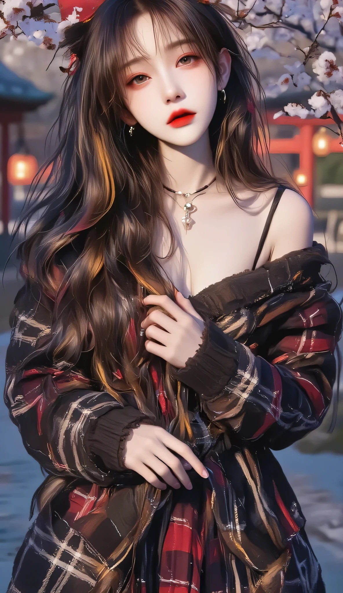 Modern style Asian charming beauty，25-year-old exquisite Asian face，Moisturizing starry eyes+Slightly open red lips，Swan Neck+Right angled shoulder ，Low-cut slim short top shows plump curves，High-waisted A-line plaid skirt outlines the small waist，Red and yellow gradient long hair to waist+Plush fox ears，Unbelievably long legs with over-the-knee socks，Standing barefoot in the Japanese garden with cherry blossoms flying，Bluestone road extends to the vermilion torii，Background is decorated with warm lanterns，Character has S-shaped side curve，Fingers gently stroke the collarbone with seductive eyes，Soft light filter enhances skin texture，4K cinematic quality ，Cyberpunk color aesthetics，High saturation contrast color matching，with clear background without blurring