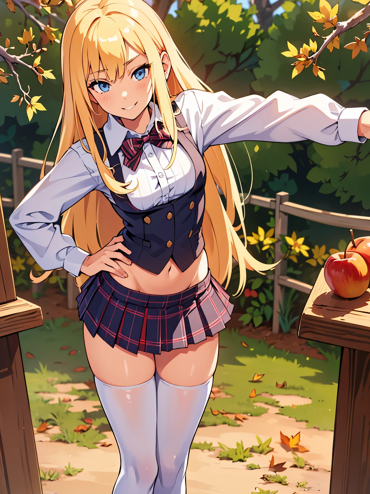 1girl, (fit), blonde hair, messy long hair with seductive smile, (wearing thigh highs, a pleated mini skirt and a tight white buttoned up shirt), realistic, shallow depth of field, 8k uhd, dslr, high quality, photorealistic, realism, hyperrealism, art photography, (in a warm apple orchard in autumn), warm and sunny