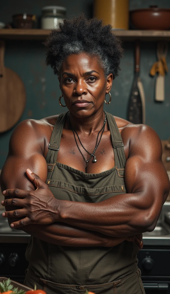 a bodybuilder Genevieve Nnaji, detailed beautiful facial features, detailed eyes, detailed lips, extremely detailed face, long eyelashes, beautiful redhead woman, wearing an apron, cooking in a kitchen, realistic, photorealistic, 8k, high quality, masterpiece, cinematic lighting, vibrant colors, detailed textures, intricate details, professional photography