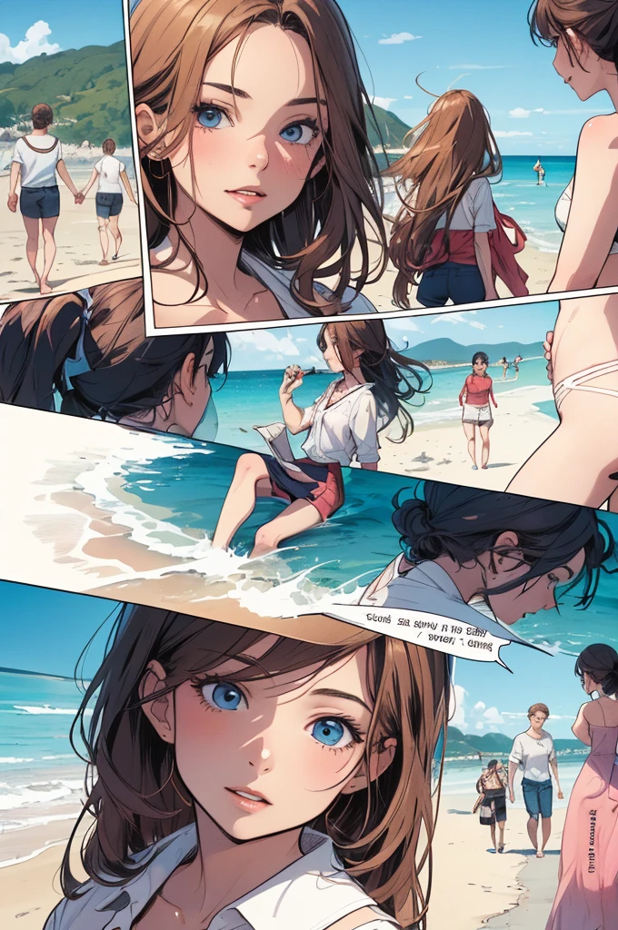 ultra detail,best quality,masterpiece, comicstyle,girl focus,2girls,beach,swimwear,surfboard,big wave <lora:ekho:0.8>,speech bubble,sunshine,flare,palm tree