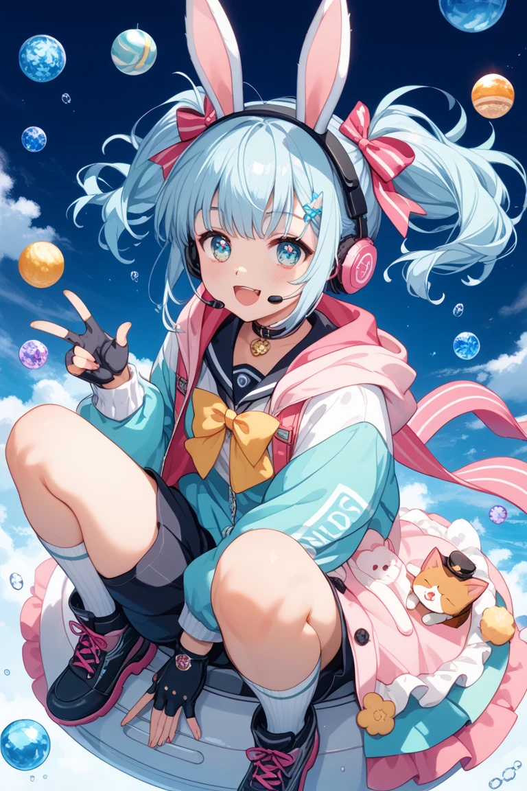 (masterpiece、Highest quality、Highest quality、Official Art、Beautiful and beautiful:1.2)、(One Girl:1.3)hatsune miku、Twin tails,Big Breasts,Yanhe, cry, One Girl, black gloves, black Shorts, black Knee socks, blue null, chest, chest apart, cable, cloud, cloudy null, Crop top, Crop top overhang, Day, elbow gloves, From below, gloves, blue eyes, Hair between the eyes, hand on Headphones, Headphones, medium chest, leg ribbon, View your audience, abdomen, belly button, petal, ribbon, shirt, very short hair, short hair, Shorts, null, Sleeveless, Sleeveless shirt, smile, alone, thigh ribbon, Thigh straps, Knee socks, The button is off, Underbust, upshirt, Gray Hair, zipper