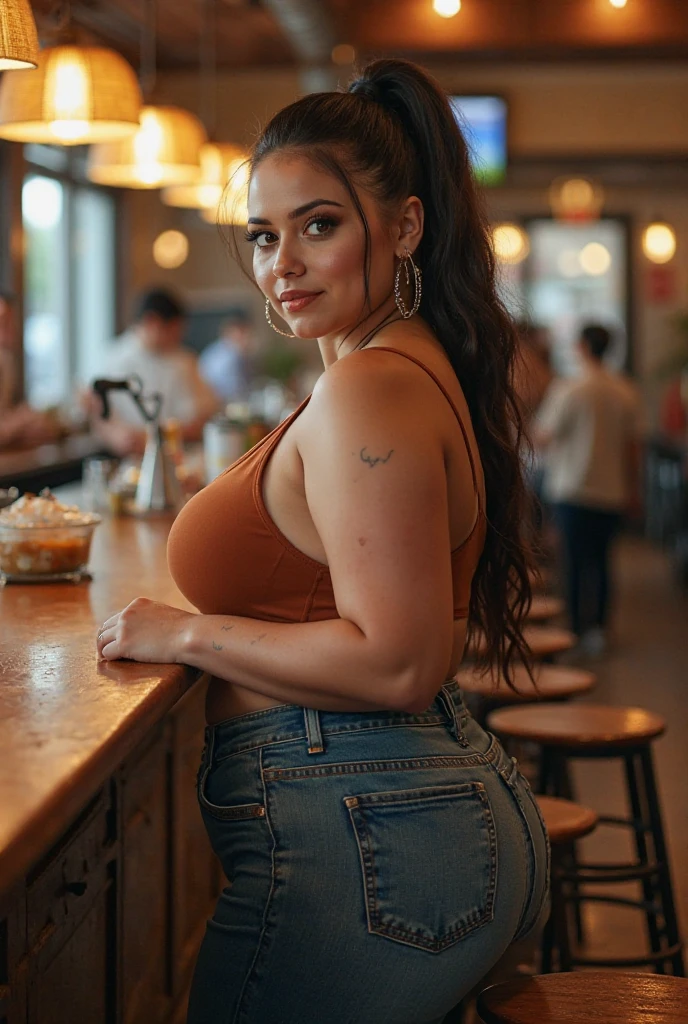 1 very fat old lady, wrinkled face, with white skin and short brown hair, bending over a wooden table, in a pizzeria, looking back, wearing red short nightgown, white panties