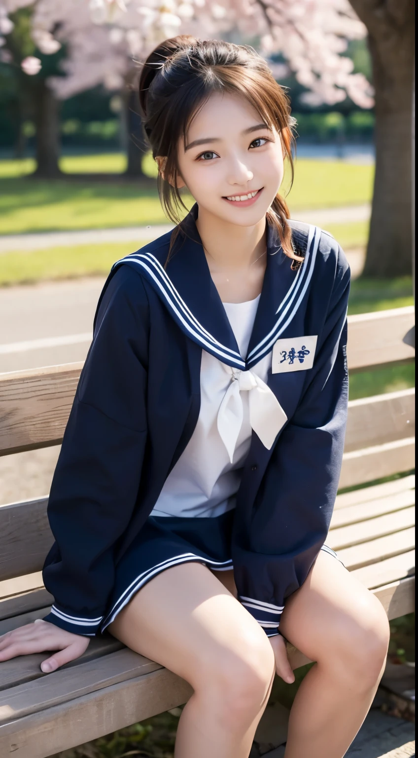 (sailor suit)、HIGH SCHOOL GIRLS、is sitting on a park bench、Japanese、(idol bending over)、((8k))、cherry blossoms、 light in the eye 、The hairstyle is a ponytail、 black hair、smile、 Long Sleeve、((Full Body))、 Delicate Girl、sophisticated vibe、 strong sunshine、delicate skin、Realistic teeth、(realistic:1.4)、The jacket is navy blue