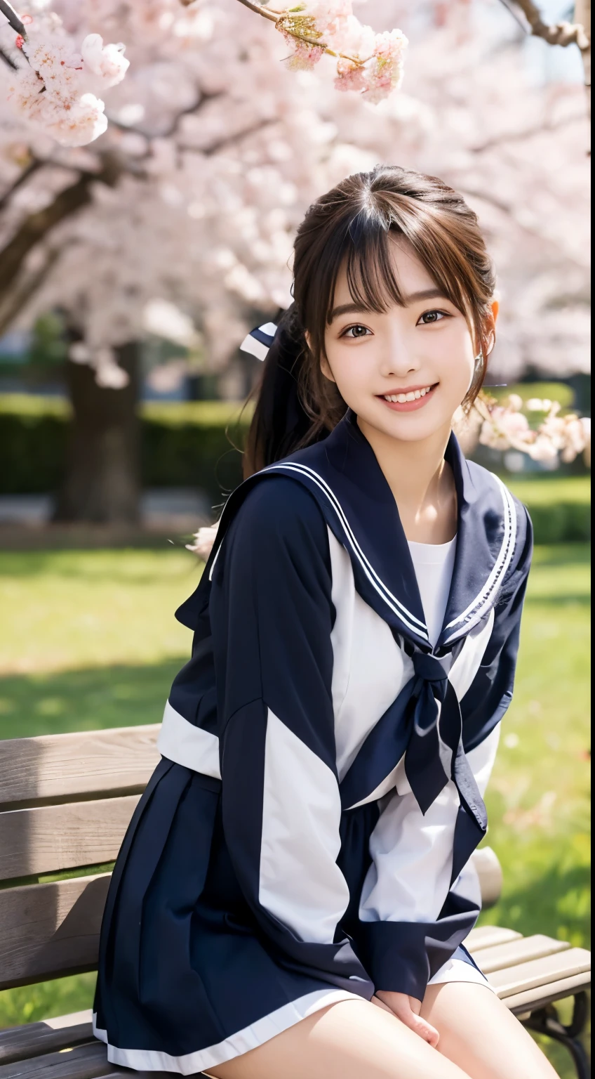 (sailor suit)、HIGH SCHOOL GIRLS、is sitting on a park bench、Japanese、(idol bending over)、((8k))、cherry blossoms、 light in the eye 、The hairstyle is a ponytail、 black hair、smile、 Long Sleeve、((Full Body))、 Delicate Girl、sophisticated vibe、 strong sunshine、delicate skin、Realistic teeth、(realistic:1.4)
