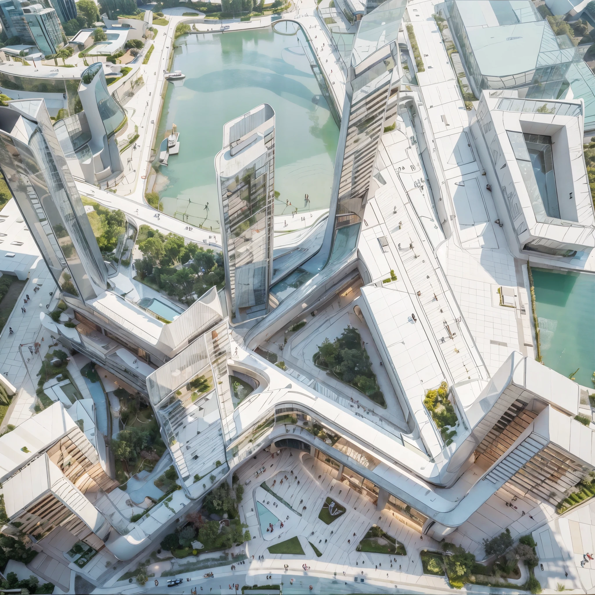 High-angle, realistic rendering of a modern city district. The focal point is a cluster of sleek, white, minimalist buildings with sharp lines and tall, slender towers. The buildings contrast sharply with the dark asphalt roads and lush green spaces interspersed throughout the complex. The lighting is bright, casting long shadows and highlighting the architectural details. The overall composition emphasizes the clean, modern aesthetic of the urban landscape. Photorealistic, 8k.