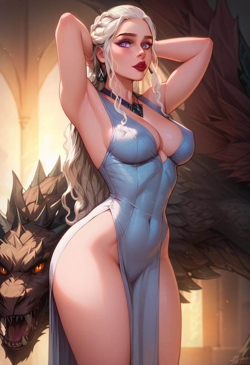 Masterpiece, Professional, High Definition - quality, sharp focus, perfect artwork, Best Illustration, trending on artstation, UHD, 4k, full body, NSFW
"Daenerys Targaryen,
looking at viewer,perfect face, topless, dark skin, gigantic breasts, fit, dragons"