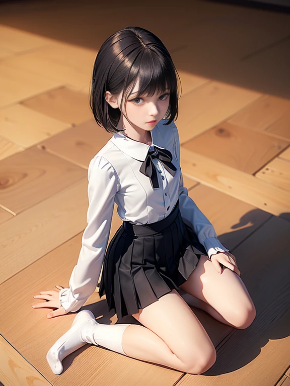 1girl, 独奏, White polo shirt, White sneakers, tennis wear, white mini-skirt, tmasterpiece, Best quality at best, realisticlying, ultra - detailed, (shiny skins, perspired:1.4), absurderes, looking at viewert, with short black hair, with brown eye,slenderness,Dynamic light and shadow,A high resolution,Sharp focus,depth of fields,The eyes are delicate,Sharp pupils,pupil realistic,(smallunderboob:1.3),(Thigh thick:1.0),exteriors,Skysky
