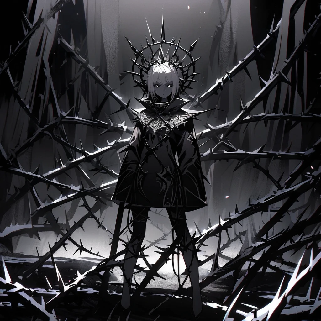 (dark art), gloomy girl, dark gray steel skin, gray eyes, gray sclera, (dark gray hair), crown of metallic thorns, closed clothing, high collar, many steel thorns, cold lighting, (dark lighting), many shadows, cold lights
