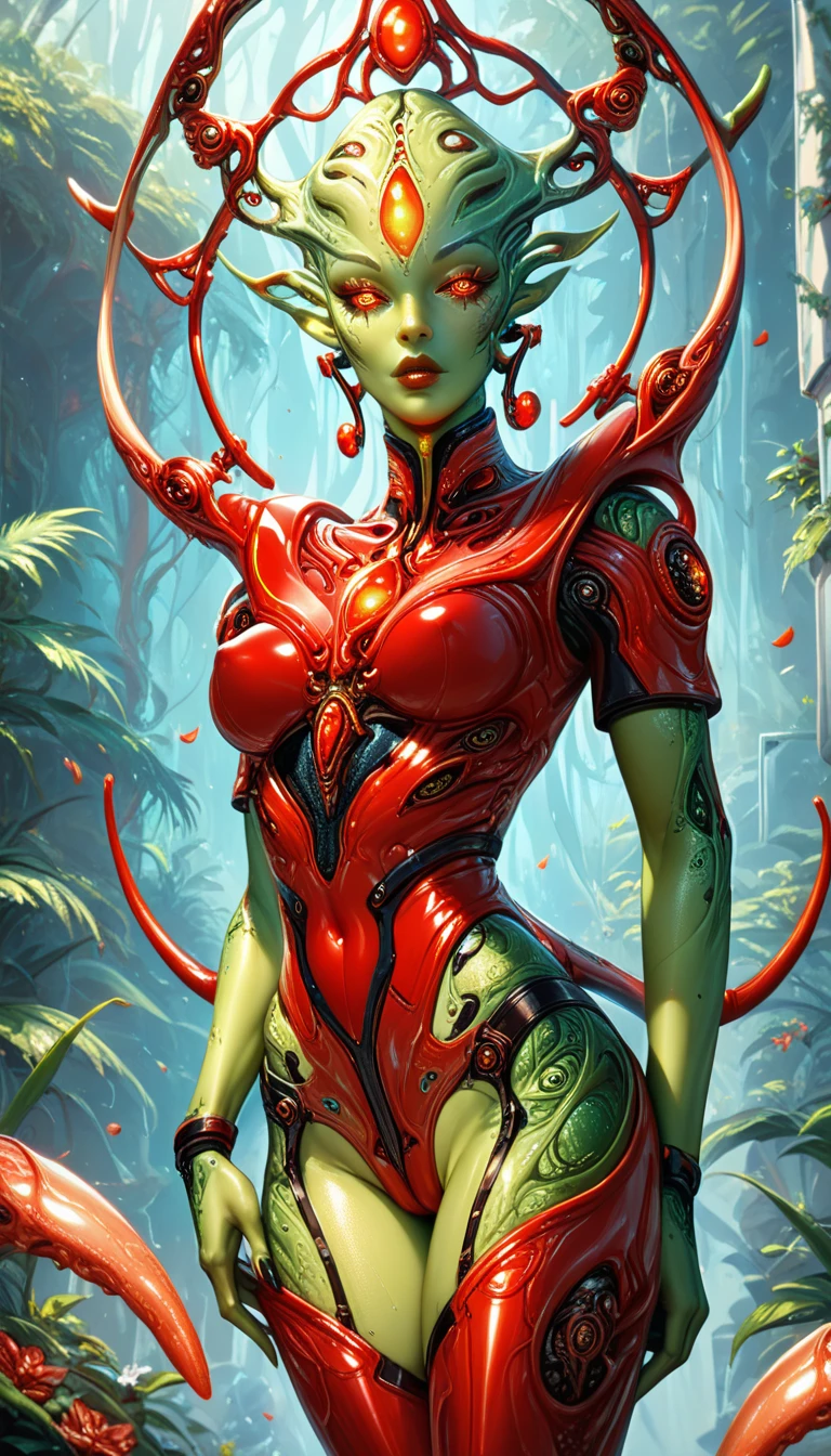 Iron creatures pounce, Frog Woman、(Femininity:1.5)、Green body、Full body,Animal anthropomorphism, red eyes、cruel、Realistic Digital, Humanoid、Convoluted, epicd, Dramatic, masutepiece, high detailing, Best Quality, 超A high resolution、Horror movie lighting