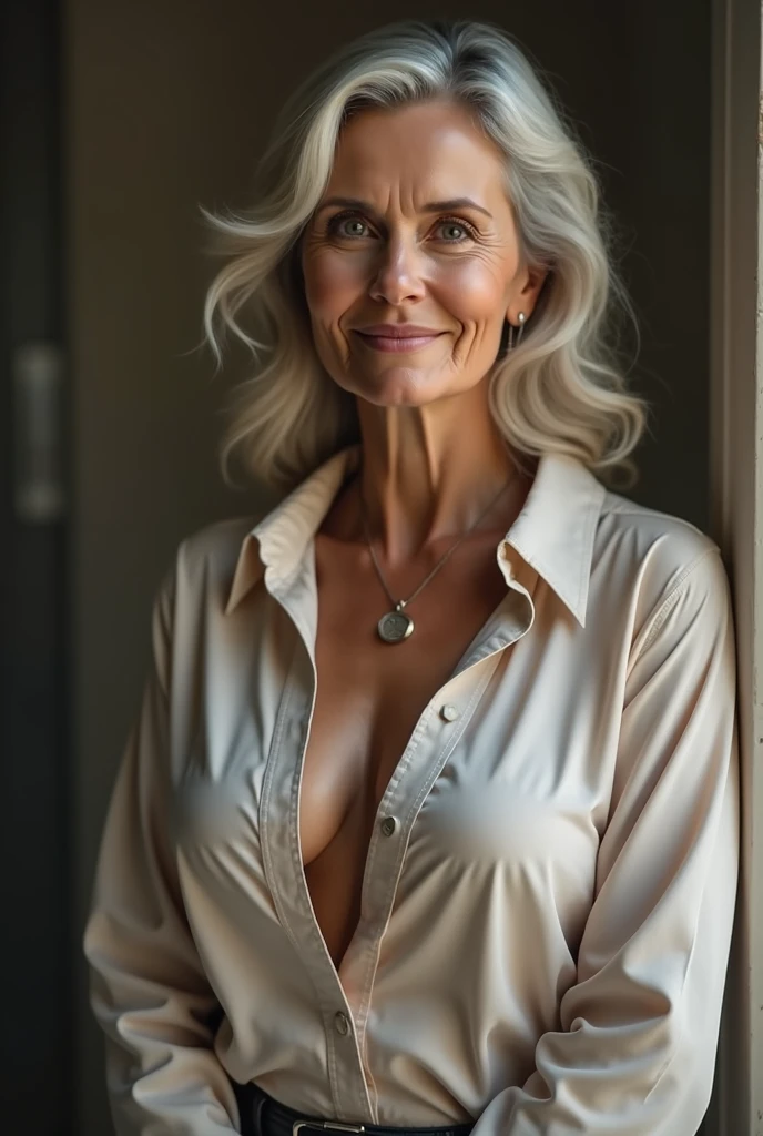 Realistic portrait of mature woman, 60 years old, casual grey hair, Photorealistic, (wearing elegant patterned black Pajamas) , deep cleavage, full body, highly detailed, 8k, beautiful ,perfect face, grayblondehair, curvy body, masterpiece and beautiful face, detailed eyes, 4k, 8K, high detailed, high-res and elegant, outdoor, She smile with Extraordinary Pleasure expression. Shoot this image in high resolution with a 35mm lens to get a good perspective. Living room with big windows and TV.