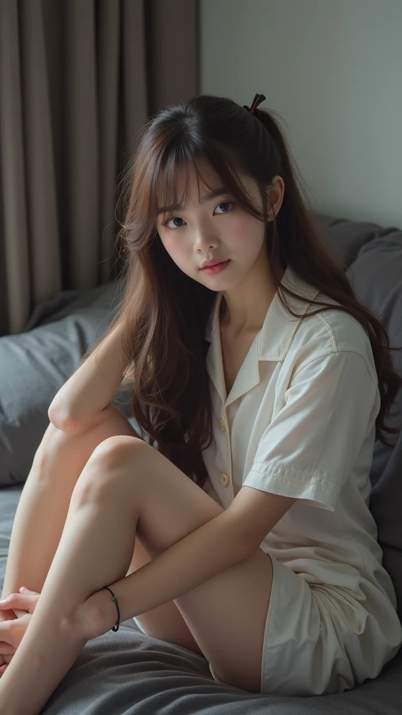 Best-quality, Masterpiece, Ultra-High-Resolution, (Photorealistic:1.4), Raw-Photo, 64K, depth of field, professional lighting, perfect anatomy, extremely details, 1girl, 15-years-old, the most famous Japanese idol, cowboy shot, sitting on bed at hospital, wearing only hospital gown, ((extremely cute face like the most popular Japanese idol, ((extremely cute and extremely big eyes)), extremely beautiful hair)), extremely beautiful skins, extremely cute lips, extremely cute long-eyelashes, extremely childish body, looking at viewer, innocent smile