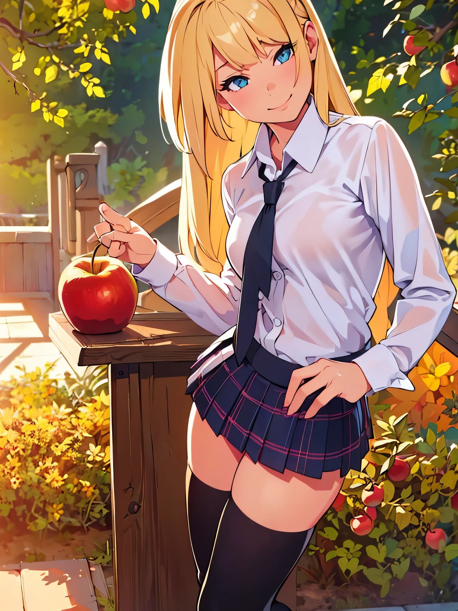 1girl, (fit), blonde hair, messy long hair with seductive smile, (wearing thigh highs, a pleated mini skirt and a tight white buttoned up shirt), realistic, shallow depth of field, 8k uhd, dslr, high quality, photorealistic, realism, hyperrealism, art photography, (in a warm apple orchard in autumn), warm and sunny