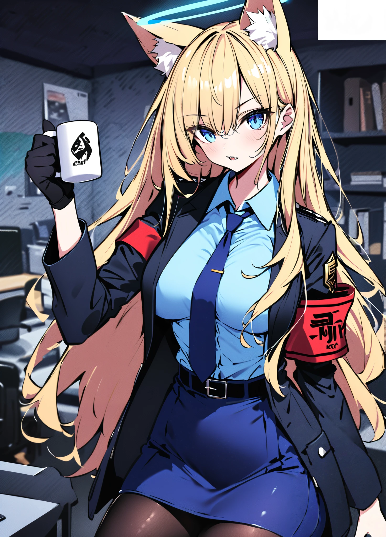 safe_pos, safe_pos, safe_pos, safe_pos, safe_pos, (score_9, score_8_up, score_7_up, score_6_up,) masterpiece, high quality, (best quality:1.1), sharp details, vivid color,
young lady, 4k, sexy body, perfect lips, perfect breasts, perfect anatomy hands, perfect anatomy fingers, fingernails,
1girl, solo, 
  k4nnadef, sharp teeth, long hair, blonde hair, hair over one eye, animal ears, notched ear, animal ear fluff, extra ears, blue halo, blue eyes, 
k4nnadef, sharp teeth, long hair, blonde hair, hair over one eye, animal ears, notched ear, animal ear fluff, extra ears, blue halo, blue eyes, black jacket, open jacket, long sleeves, armband, blue shirt, collared shirt, shirt tucked in, blue necktie, tie clip, black gloves, blue skirt, pencil skirt, black pantyhose, natural breasts,
(looking at viewer), mouth closed, standing, one hand holding weapon, handgun, holding pistol, glock 17 pistol, trigger discipline, mug, coffee,
(detailed background), indoors, police station, office, desk, gun rack,
full portrait, cowboy shot, front view, side view,