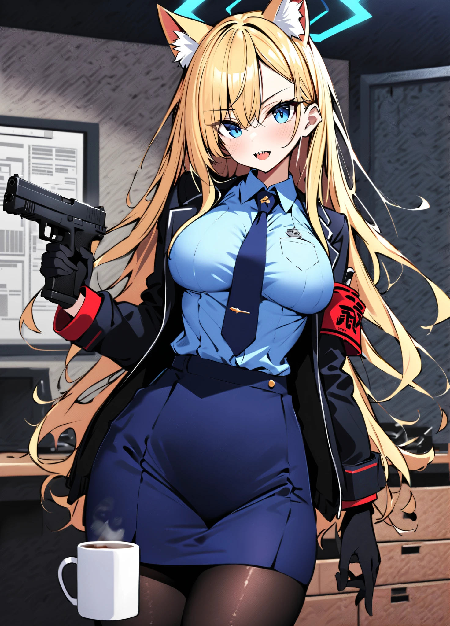 safe_pos, safe_pos, safe_pos, safe_pos, safe_pos, (score_9, score_8_up, score_7_up, score_6_up,) masterpiece, high quality, (best quality:1.1), sharp details, vivid color,
young lady, 4k, sexy body, perfect lips, perfect breasts, perfect anatomy hands, perfect anatomy fingers, fingernails,
1girl, solo,
k4nnadef, sharp teeth, long hair, blonde hair, hair over one eye, animal ears, notched ear, animal ear fluff, extra ears, blue halo, blue eyes,
k4nnadef, sharp teeth, long hair, blonde hair, hair over one eye, animal ears, notched ear, animal ear fluff, extra ears, blue halo, blue eyes, black jacket, open jacket, long sleeves, armband, blue shirt, collared shirt, shirt tucked in, blue necktie, tie clip, black gloves, blue skirt, pencil skirt, black pantyhose, natural breasts,
(looking at viewer), mouth closed, standing, one hand holding weapon, handgun, holding pistol, glock 17 pistol, trigger discipline, mug, coffee,
(detailed background), indoors, police station, office, desk, gun rack,
full portrait, cowboy shot, front view, side view,