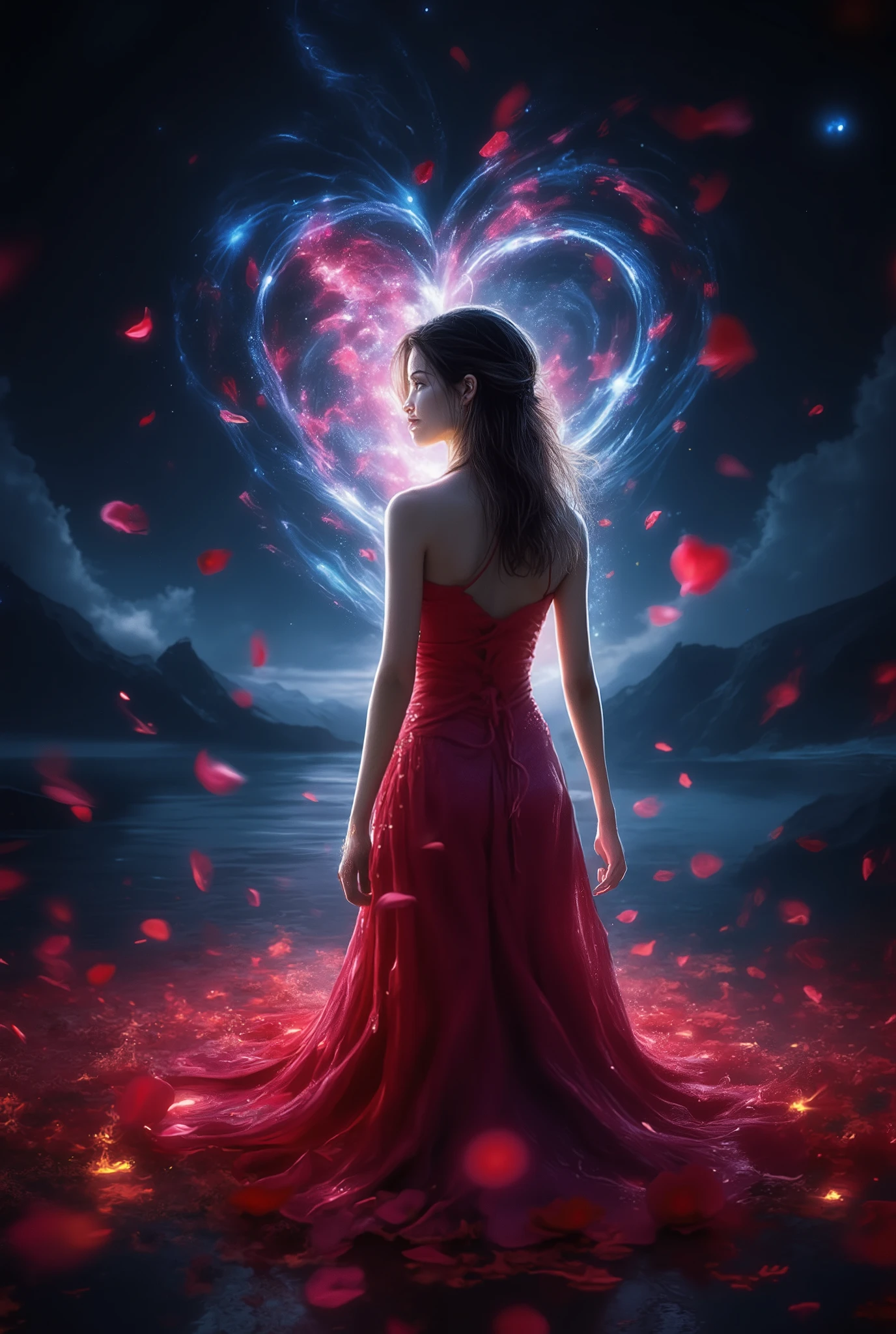Beautiful sexy woman, dressed in a rose dress, petals fly beautifully from the dress sparkling in the light from the night stars, very beautiful and exciting, magic beautifully draws the heart symbol in front of a beautiful girl, beautiful night , bright colors , Masterpiece , 8 k, best quality, complex details, maximum detail, fantasy style, Fantasy, ultra details, beautiful image, wallpaper,