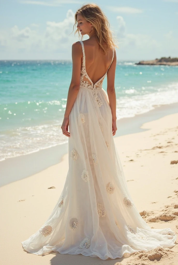 A girl in a long, form-fitting dress, front view, highest quality with fine details, against the backdrop of the sea.