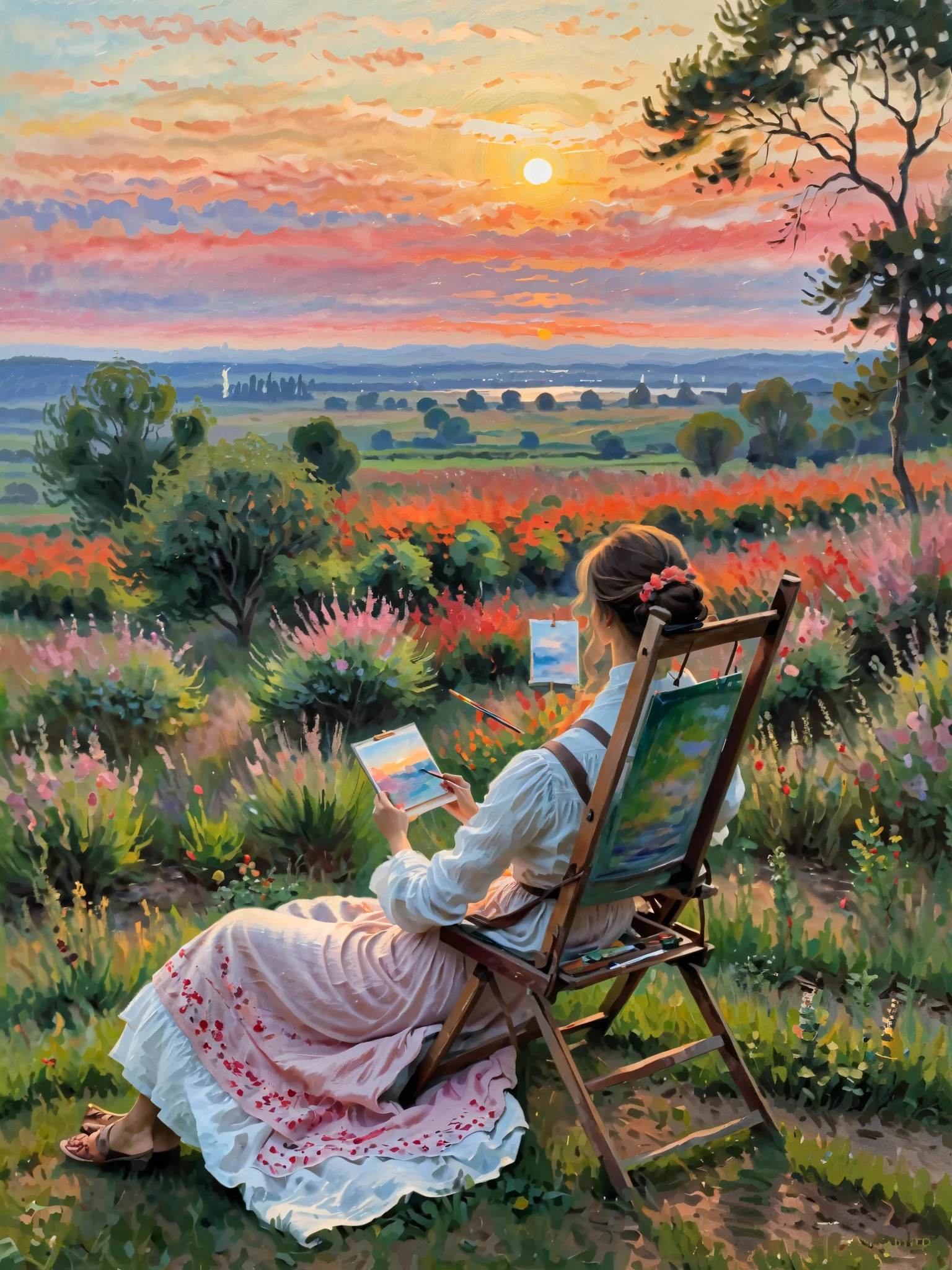 (in the style of Claude Monet:1.3), The image depicts a calm landscape, following the principles of the impressionist era, A Spanish woman sits in a chair on a softly lit lawn ,In hand, an easel , Focus on , to capture the beauty of the sunset , The sky is painted with bright colors , orange ,a swirl of pink and red represent fleeting moments, typical of nature from the elements, This is the hallmark of the Impressionist movement ., A woman in comfortable transparent clothes , Hands busy painting the landscape with bright watercolor pens on canvas , Depicts