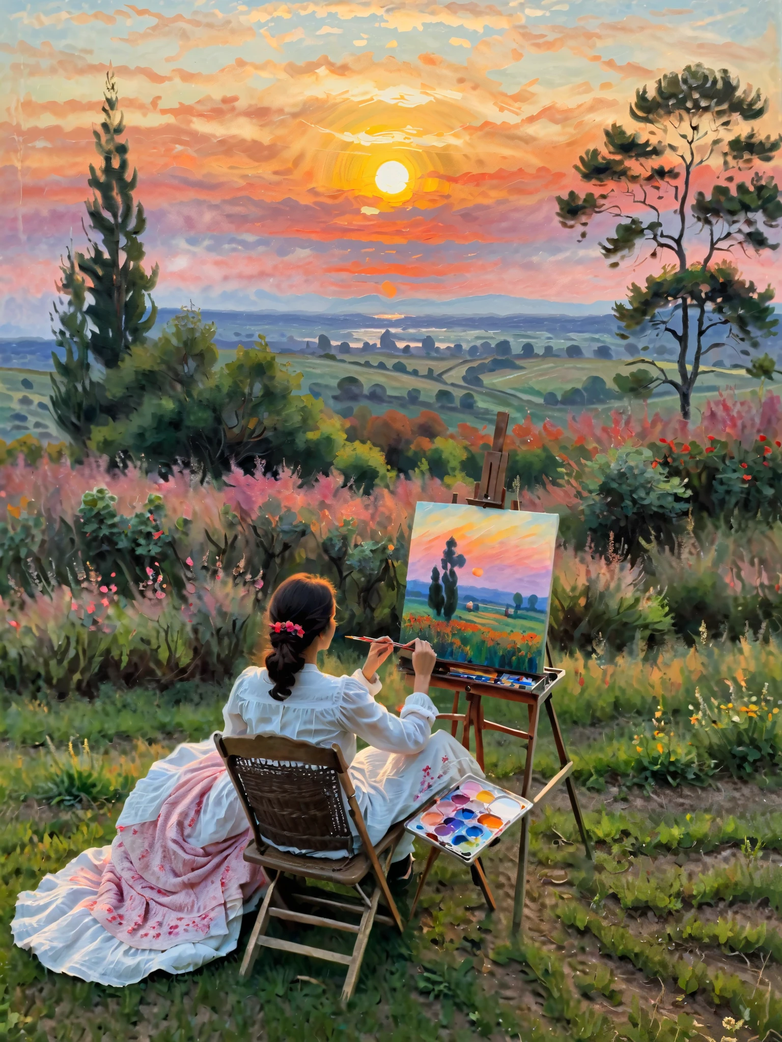 (in the style of Claude Monet:1.3), The image depicts a calm landscape, following the principles of the impressionist era, A Spanish woman sits in a chair on a softly lit lawn ,In hand, an easel , Focus on , to capture the beauty of the sunset , The sky is painted with bright colors , orange ,a swirl of pink and red represent fleeting moments, typical of nature from the elements, This is the hallmark of the Impressionist movement ., A woman in comfortable transparent clothes , Hands busy painting the landscape with bright watercolor pens on canvas , Depicts