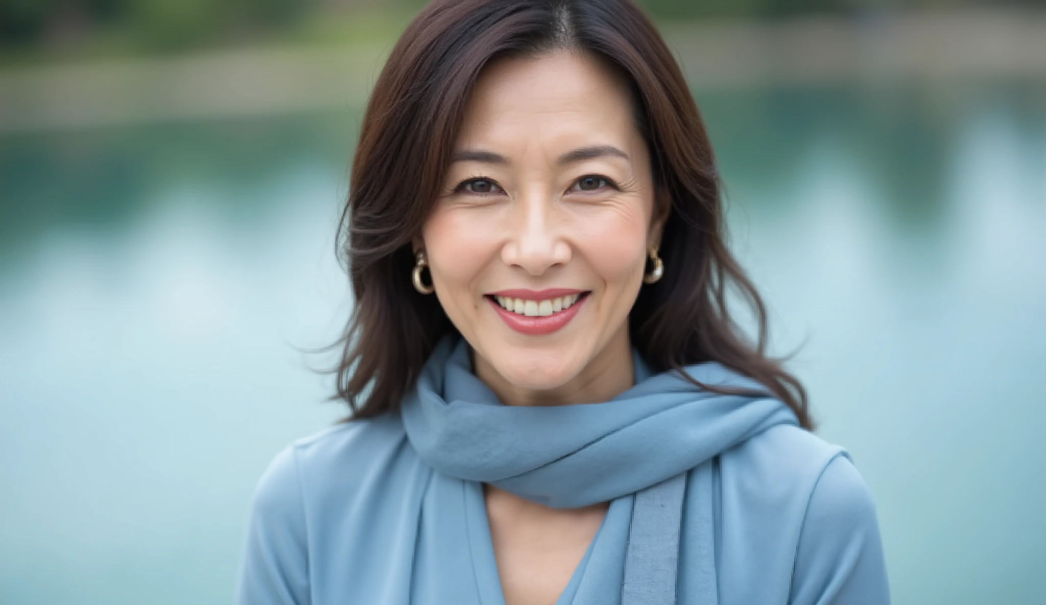 Middle-aged Japanese Women, 48 years old, wears a medium blue satin blouse with a silk scarf around her neck. Her wavy hair enhances her delicate face , A gentle smile line , seductive smiles from women to women, Highlighted with lipstick, eyeliner, mascara, and eyeshadow . background, which captures photorealistic details in high resolution, evokes the scene of quiet water with a gentle blue gradation . The camera clearly focuses on her upper body 、The , radiates summer elegance