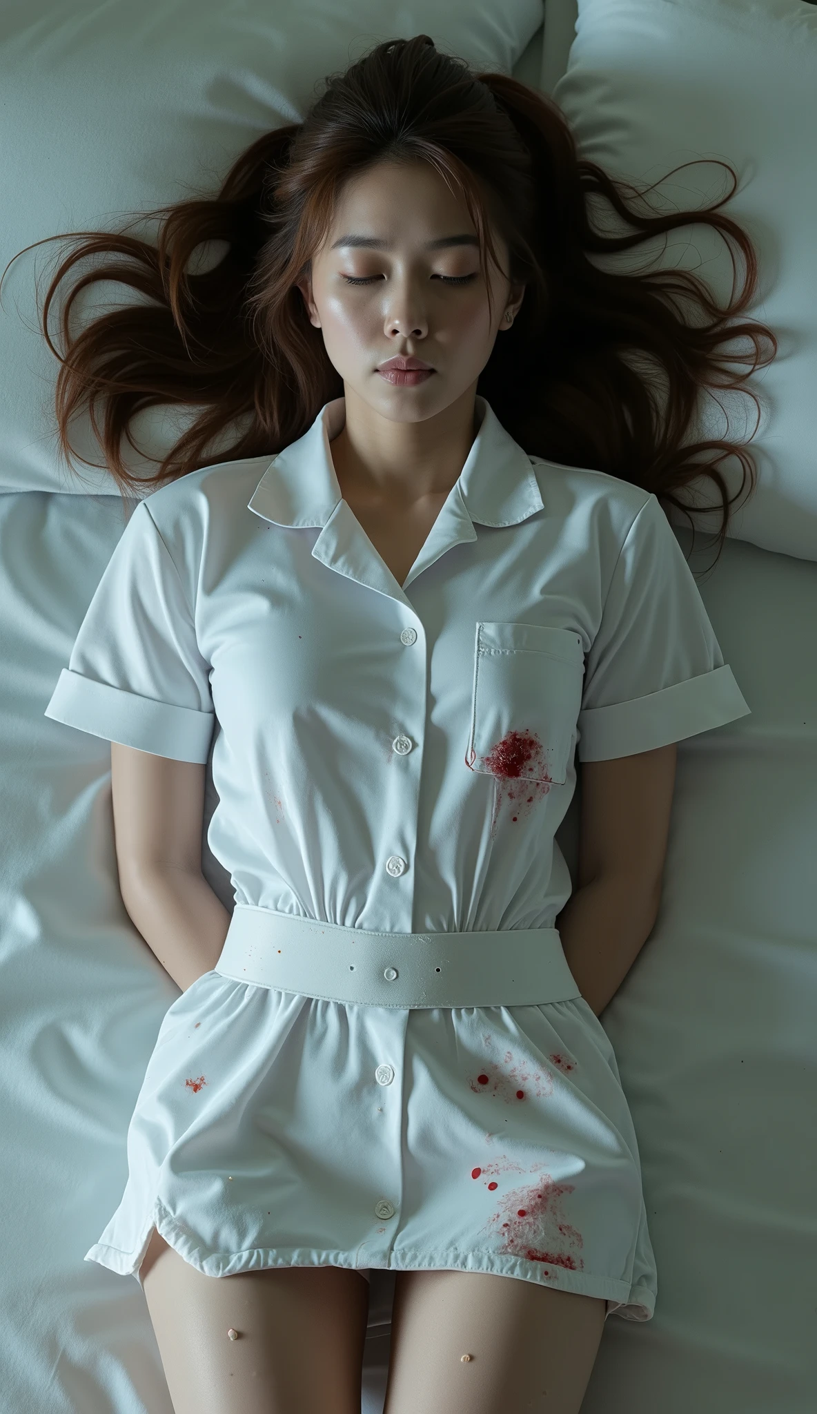 A pretty Japanese nurse is laying unconscious on the bed, bound wrists behind your back, eyes close, very bright white skin, brown spread hair, natural bang, cum on face, cum on her fore head, cum on skirt, cum on her thighs, wearing a white nurse uniform, tight short skirt, eye close, photorealistic, hyperrealism, whole body from head to feet,
