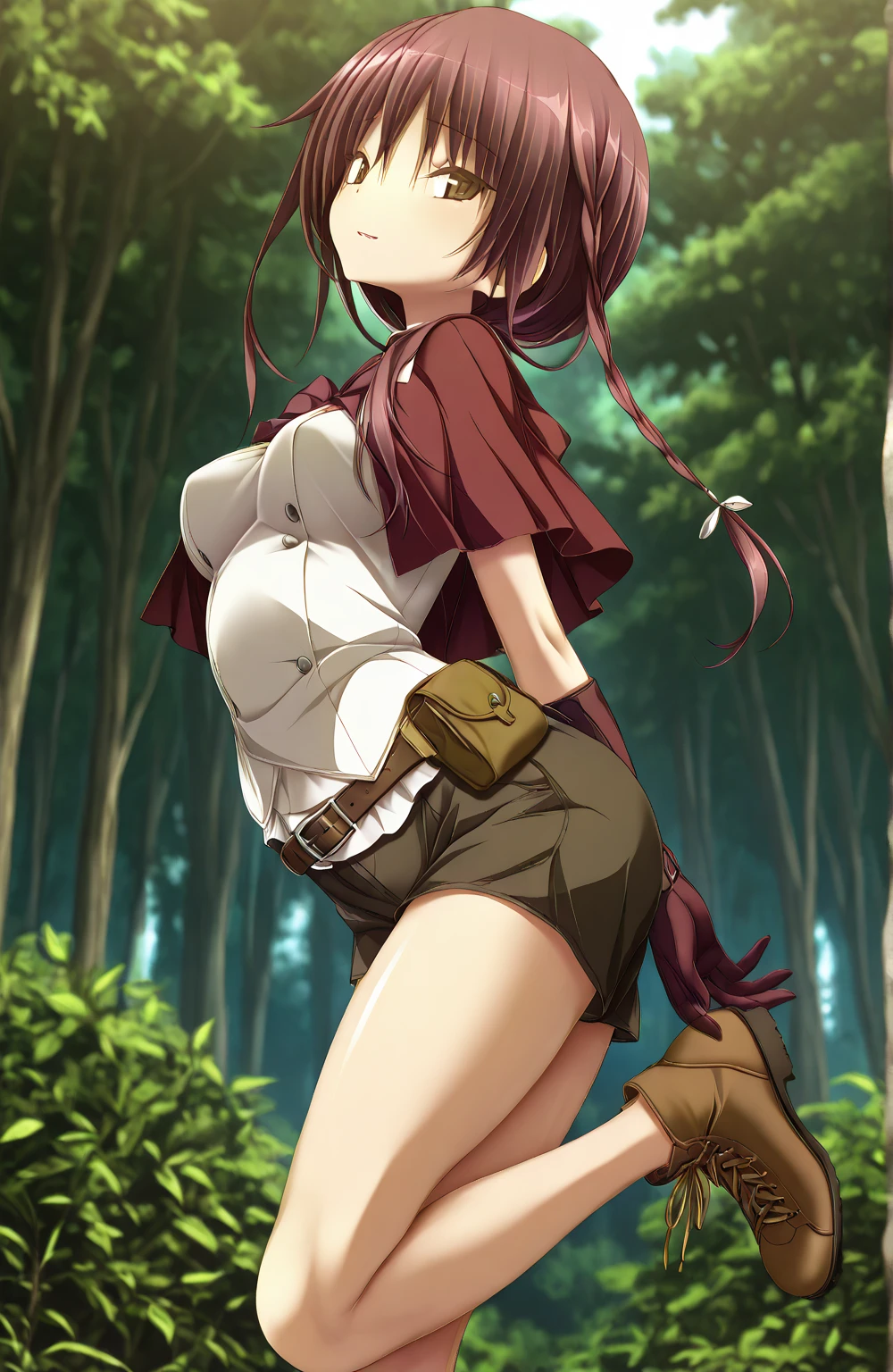 ((1 woman with brown hair,((medium breasts, bare breasts, erect breasts)),((brown pants)),((no blouse)),((bracelet, with boots, belt with a glue)),((brown eyes, happy face)) ,((in a haunted forest,at night)),