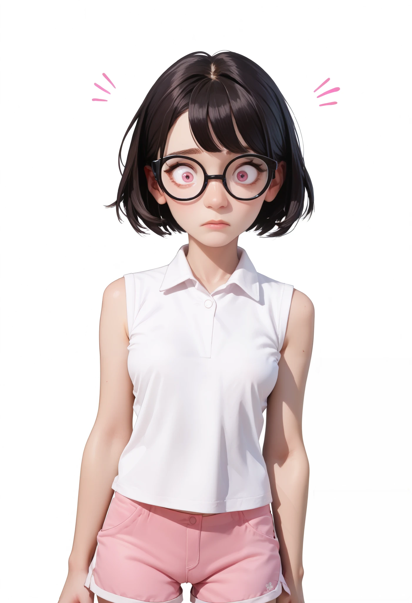 ((White background)) ((Russian girl)) (solo), 1 girl ,((30 years old)), rathing_questionable (White sleeveless collared T-shirt:1.4) (pink shorts:1.2), (black short hair), (narrow-eyed) pink eye , ((small breasts)) ((thin:0.4))tall , black frame glasses , afraid